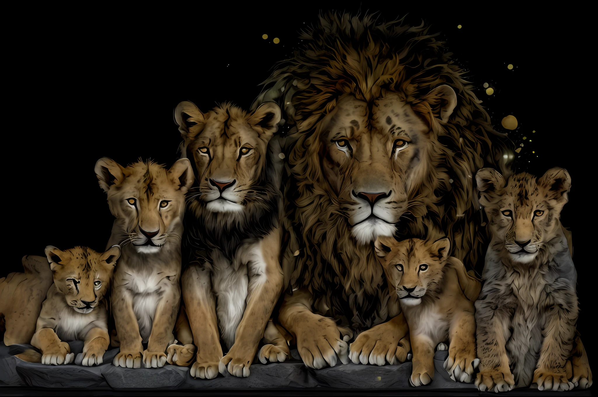 (((Black background))), (((lying on top of stone)))), family of lions with cubs on the rock in front of sunset, lions, family portrait, mother lioness, the lion king, family photo, happy family, wild animals, wildlife photo, amazing art, detailed cute animals, proud look, profile photo, by Teresa Fasolino, high image quality,  acclaimed masterpiece, king of the jungle, amazing art, majestic!! Beautiful!!, Aslan the Lion