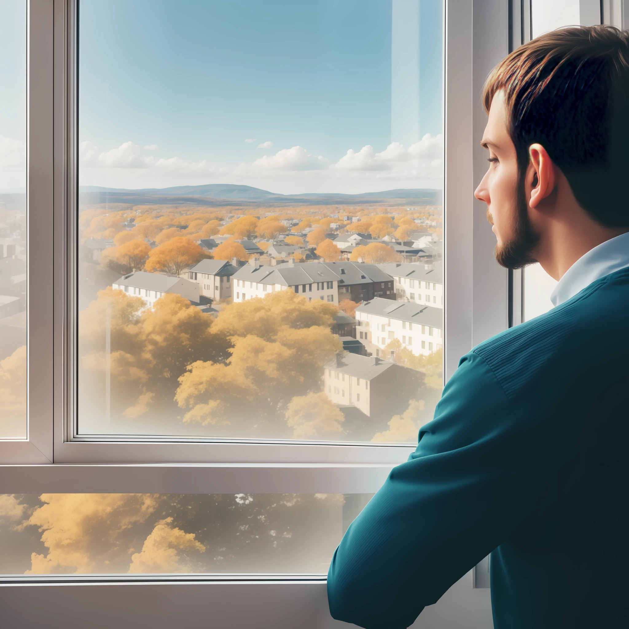 thoughtful worried person looking out the window at the world on a sunny day