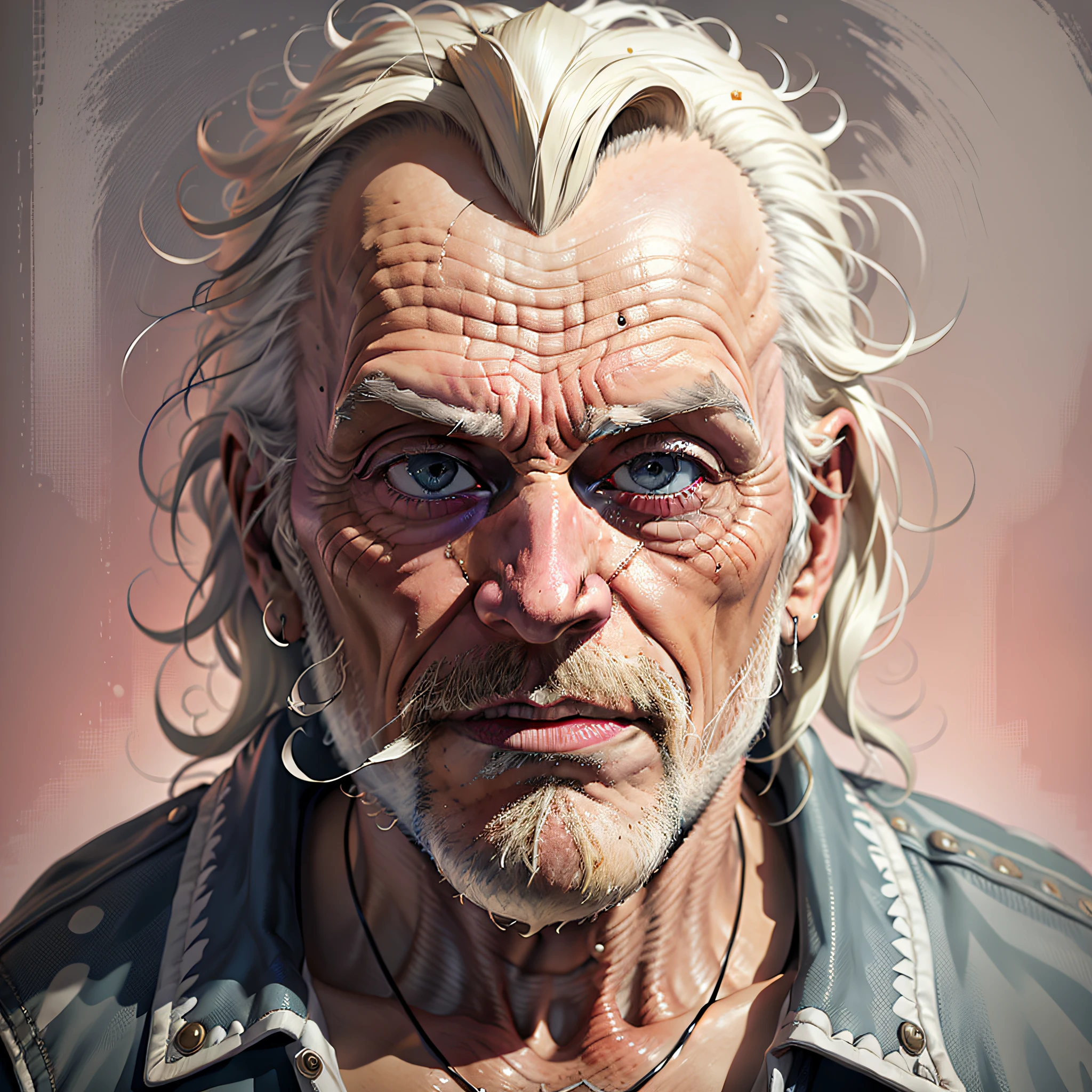 Create Charles Bukowski, brilliantly colored portrait of an old white-haired man, embodying his wild spirit and irreverent attitude, with unconventional framing and dynamic lighting, ultra realistic