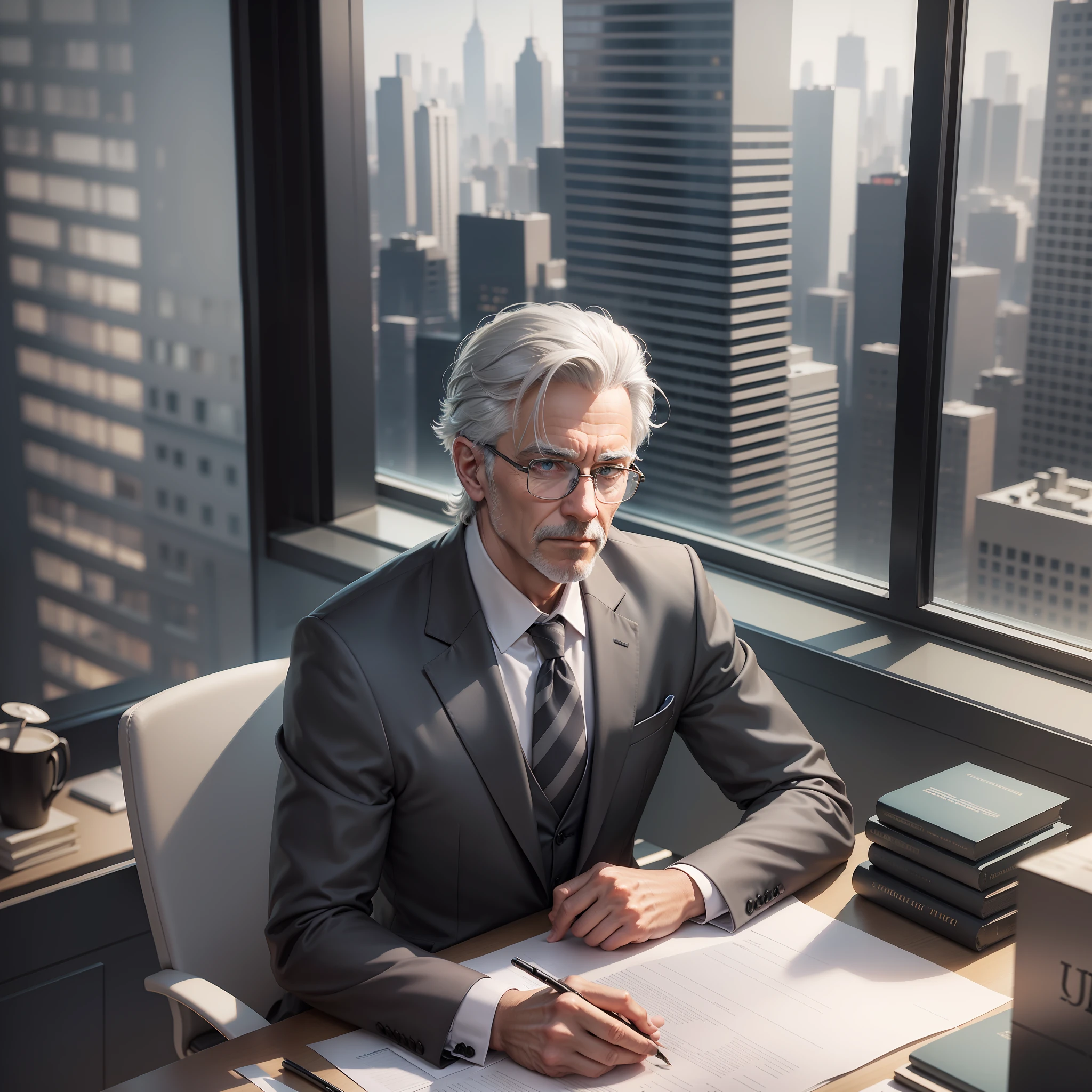 Ultra realistic mage of a gray-haired man, wearing glasses, dressed in a suit, sitting at a large desk, a CEO's office on the top floor, buildings in the window landscape