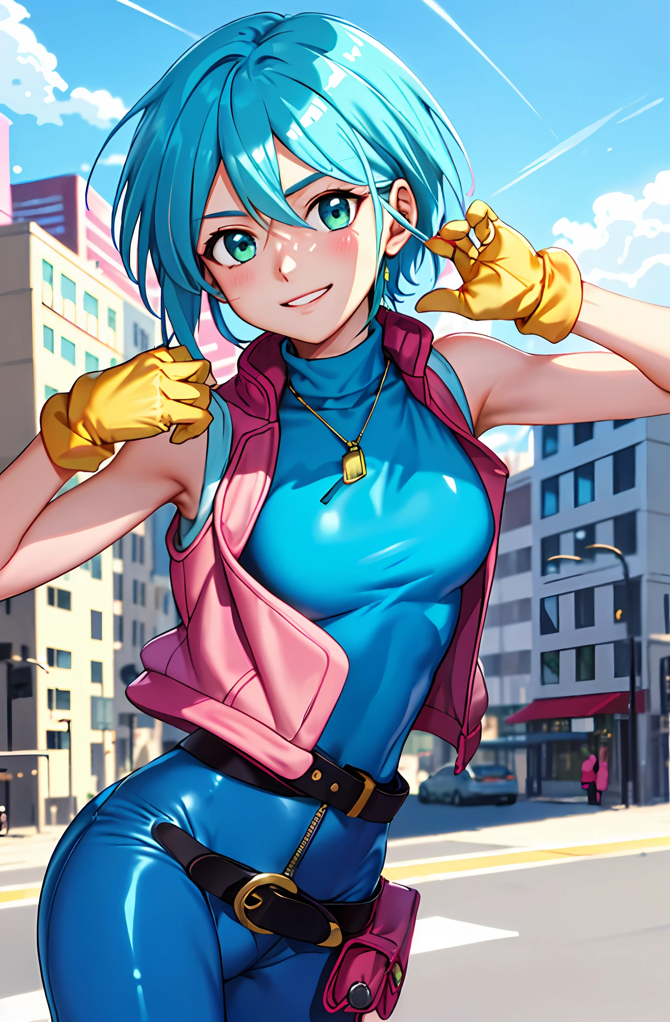 (Masterpiece), (Best Quality), (perfect face),1girl, allenby, pink vest,(aqua hair1.2), blue bodysuit, cowboy shot, belt, yellow gloves, sleeveless, bare_shoulders, turtleneck bodysuit, city, sky, fight,