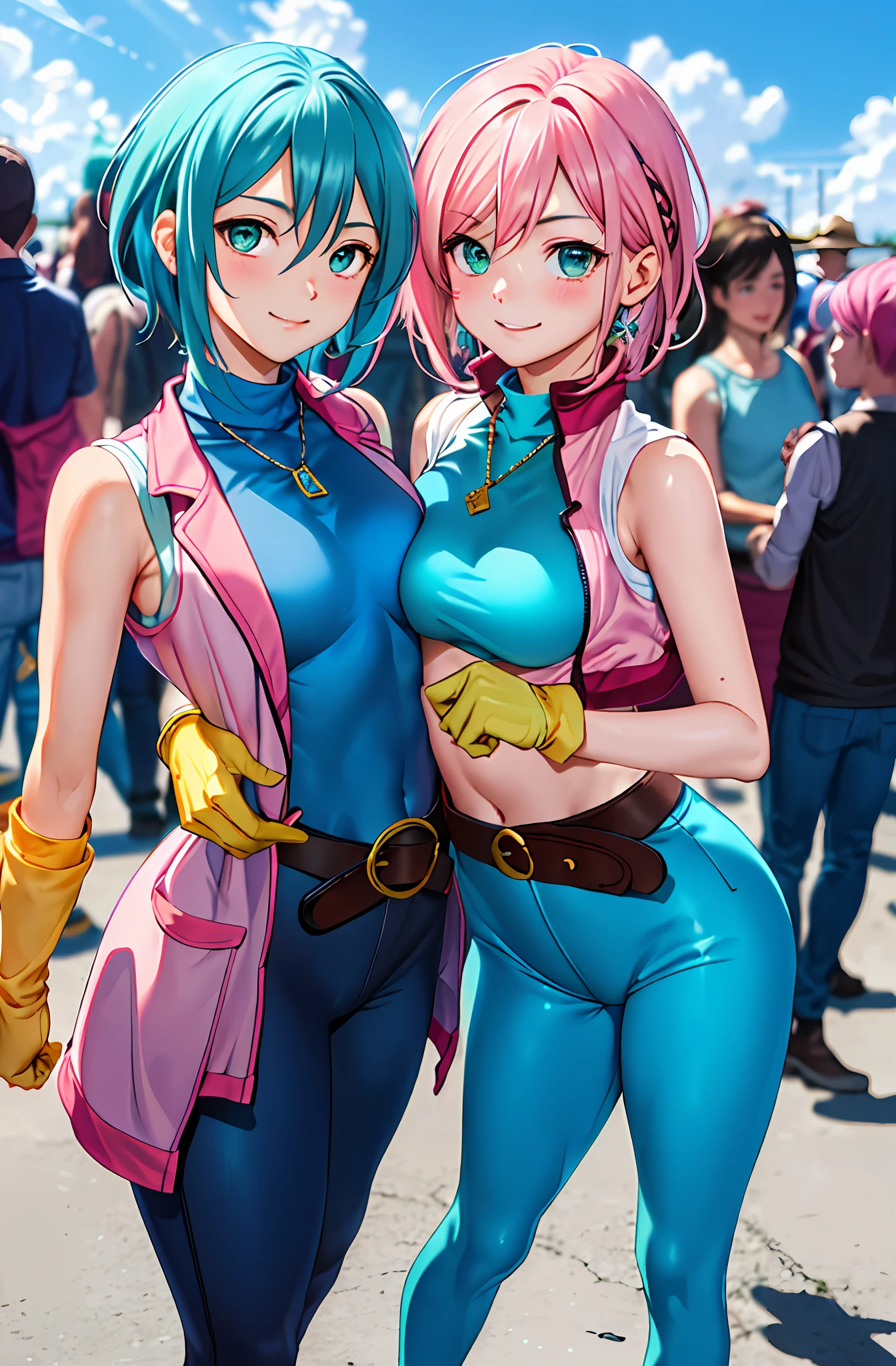 (Masterpiece), (Best Quality), (perfect face),1girl, allenby, pink vest,(aqua hair1.2), blue bodysuit, cowboy shot, belt, yellow gloves, sleeveless, bare_shoulders, turtleneck bodysuit, city, sky, fight,