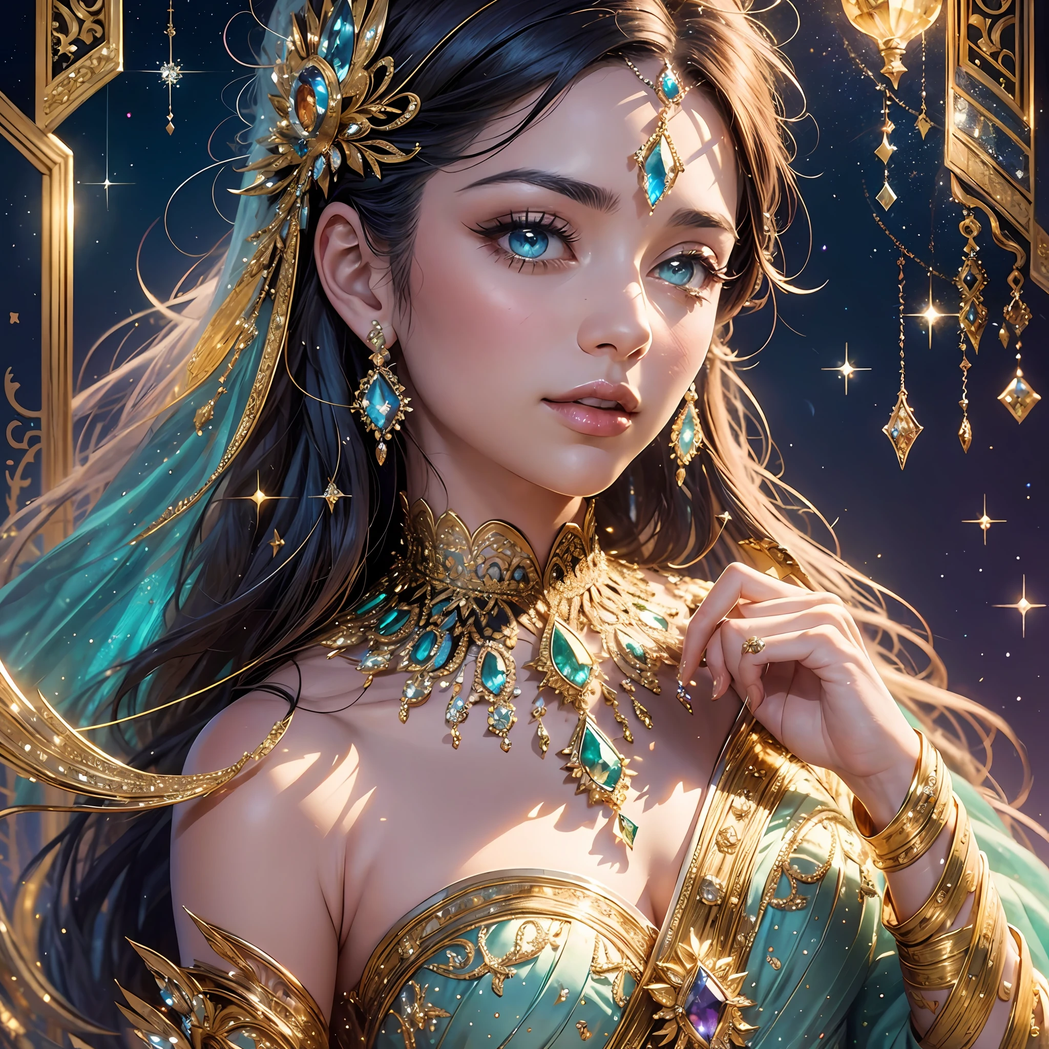 The sparkle of the gemstones is more noble and luxurious against the background of color, and the exquisite details are enough to reflect the unique charm of the gemstones, as charming as the night, and accurately render the delicate patterns and light and shadow effects of each gemstone, giving people a strong visual impact. Bust --auto --s2