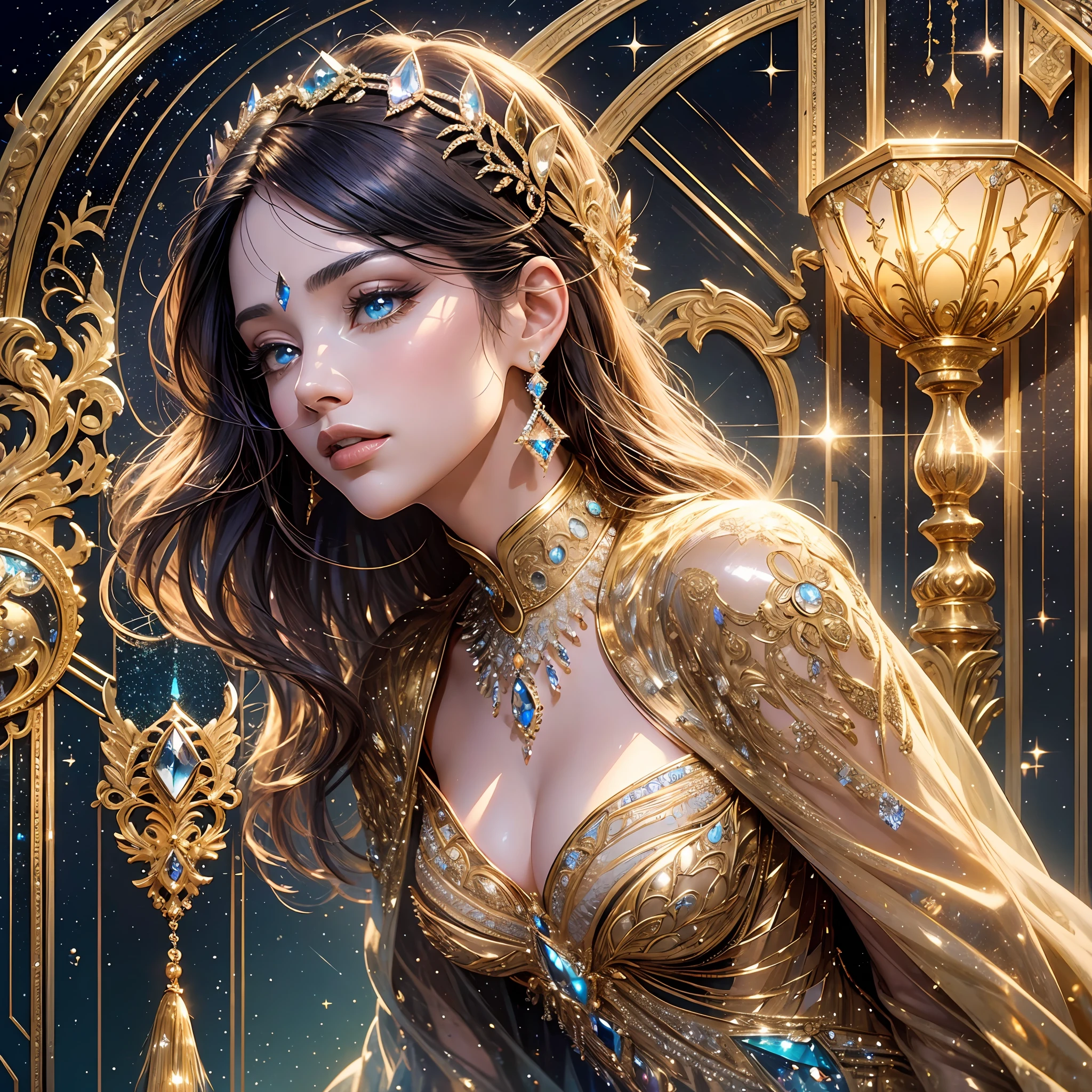The sparkle of the gemstones is more noble and luxurious against the background of color, and the exquisite details are enough to reflect the unique charm of the gemstones, as charming as the night, and accurately render the delicate patterns and light and shadow effects of each gemstone, giving people a strong visual impact. Bust --auto --s2