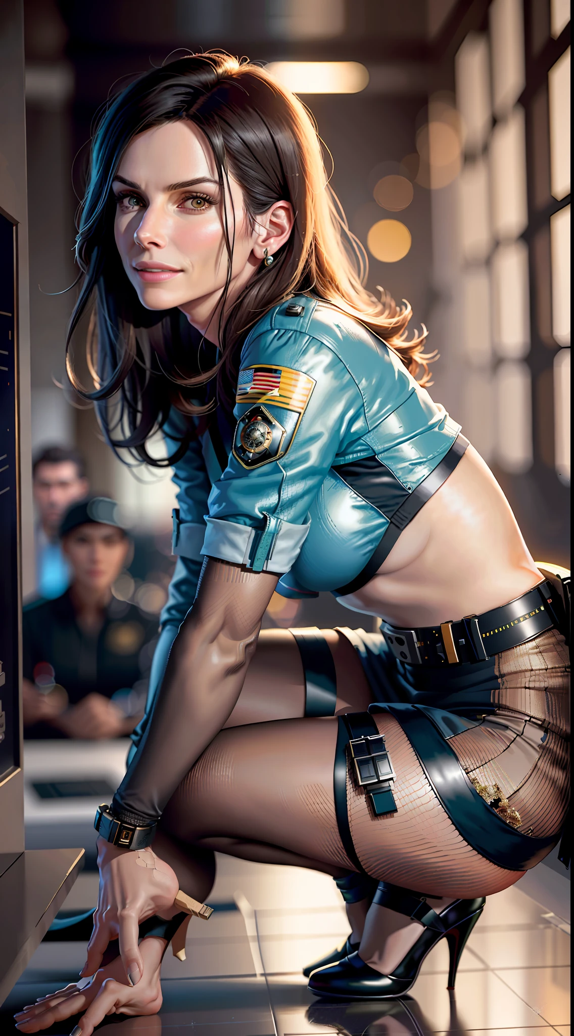 masterpiece, maximum quality, ultra high resolution, 8k, Sandra Bullock - Demolition Man Movie, full body, alone, thin, very detailed face, perfectly identical face, detailed eyes, wide smile, cheerful, realistic photo, totally realistic, human pellet, studio lighting, perfect, wearing mini skirt and strap blouse, identical to movie