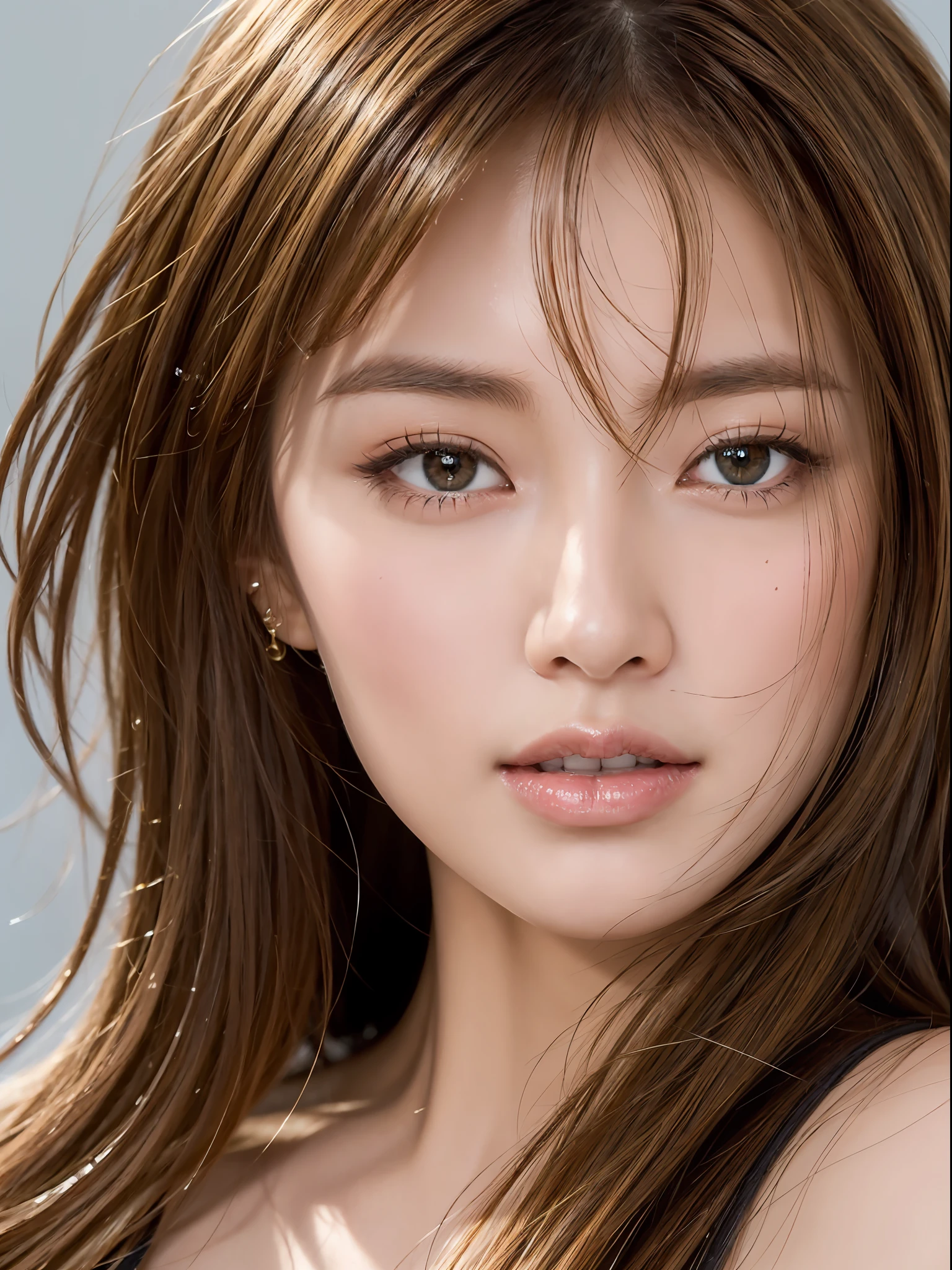 Top Quality, 8K, Masterpiece: 1.9, Sharp Focus: 1.3, Close Up Pupil, Golden Ratio, Layered Haircut, Long Hair, Disheveled Hair, Lustrous Lips