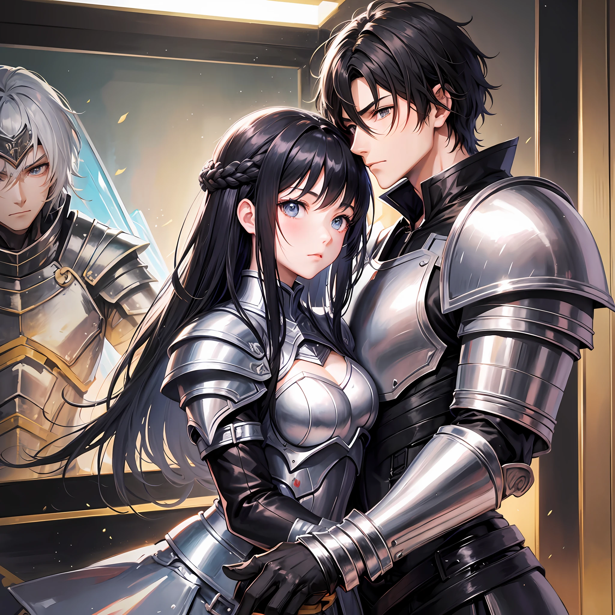 anime - war, couple style dressed in armor, black haired man, black haired woman, posing for a painting in training with swords, blush, Romanticism --auto --s2