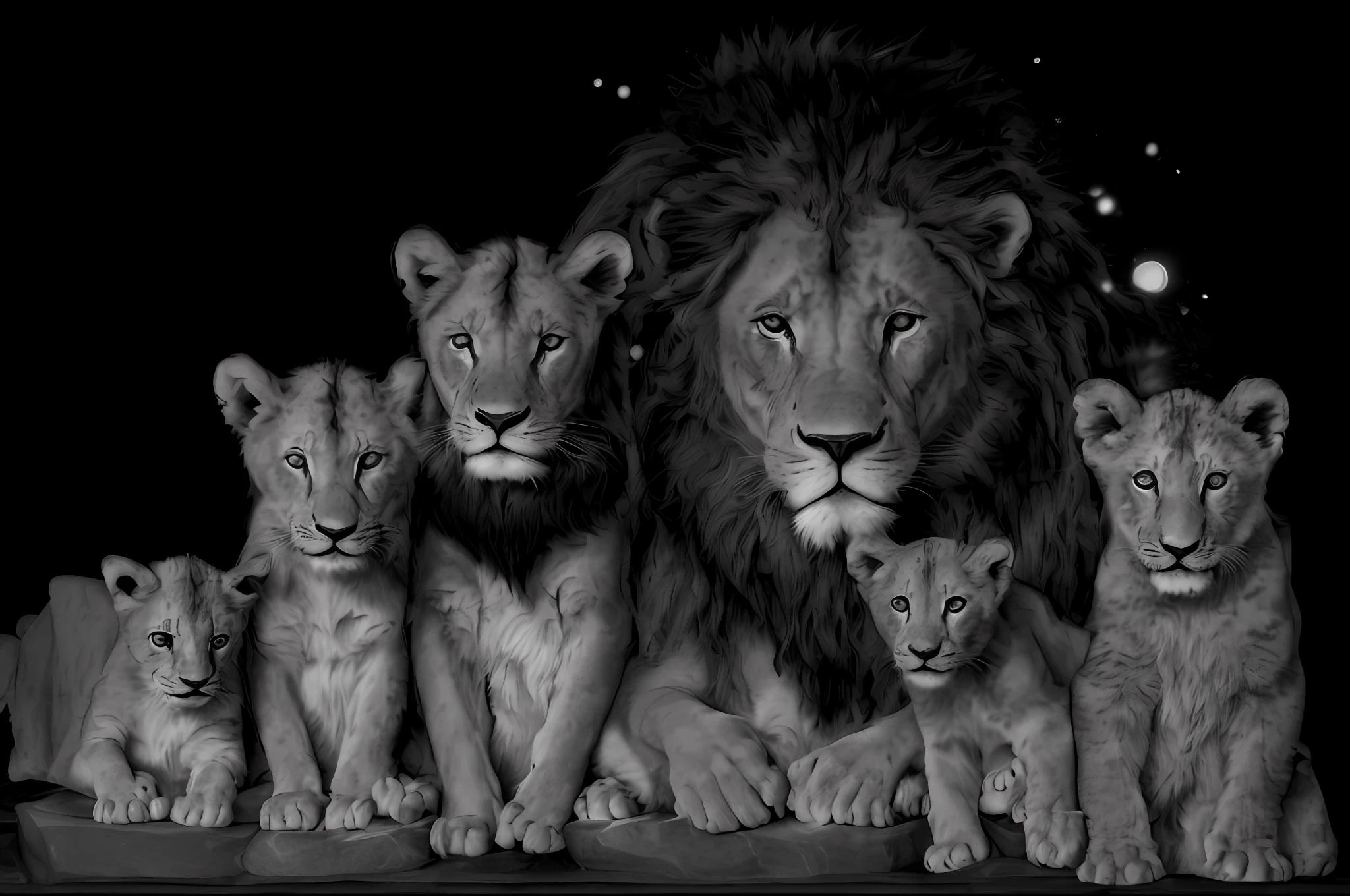 Photograph in b&w, ((((Black background)))), (((lying on top of the stone))), family of lions with cubs on the rock in front of sunset, lions, family portrait, mother lioness, the lion king, family photo, happy family, wild animals, wildlife photo, amazing art, beautiful animals detailed, look proud, profile photo, by Teresa Fasolino, High image quality, acclaimed masterpiece, king of the jungle, amazing art, majestic!! Beautiful!!, Aslan the Lion