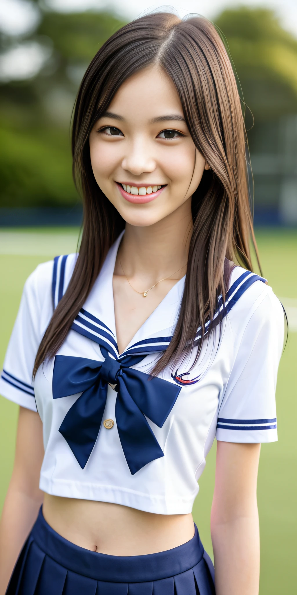 neat college girl, (school uniform, sailor uniform, ribbon tied at chest, summer clothes, upper body white, skirt dark blue, short sleeves), outside the athletic field, (slim), photorealistic, detail, skin texture, ultra detail, delicate and sexy collarbone, smile, super detailed face, detailed lips, detailed eyes, double eyelids, small breasts, small breasts, small, flat breasts, breast emphasis