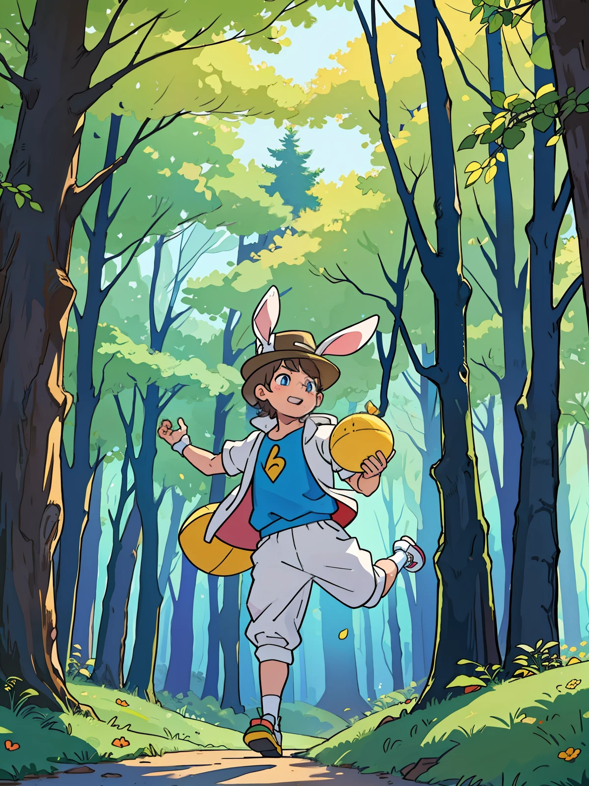 male rabbit, bouncy, wearing a hat and an outfit, in a magical forest, on a sunny day, (best quality) (Noon) masterpiece, award-winning work