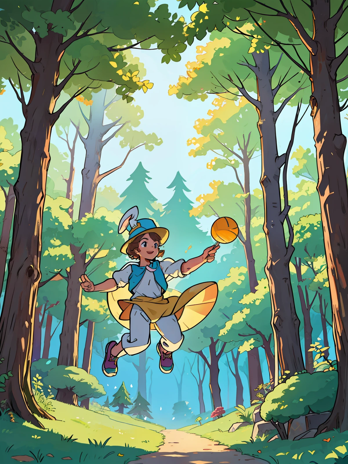 male rabbit, bouncy, wearing a hat and an outfit, in a magical forest, on a sunny day, (best quality) (Noon) masterpiece, award-winning work