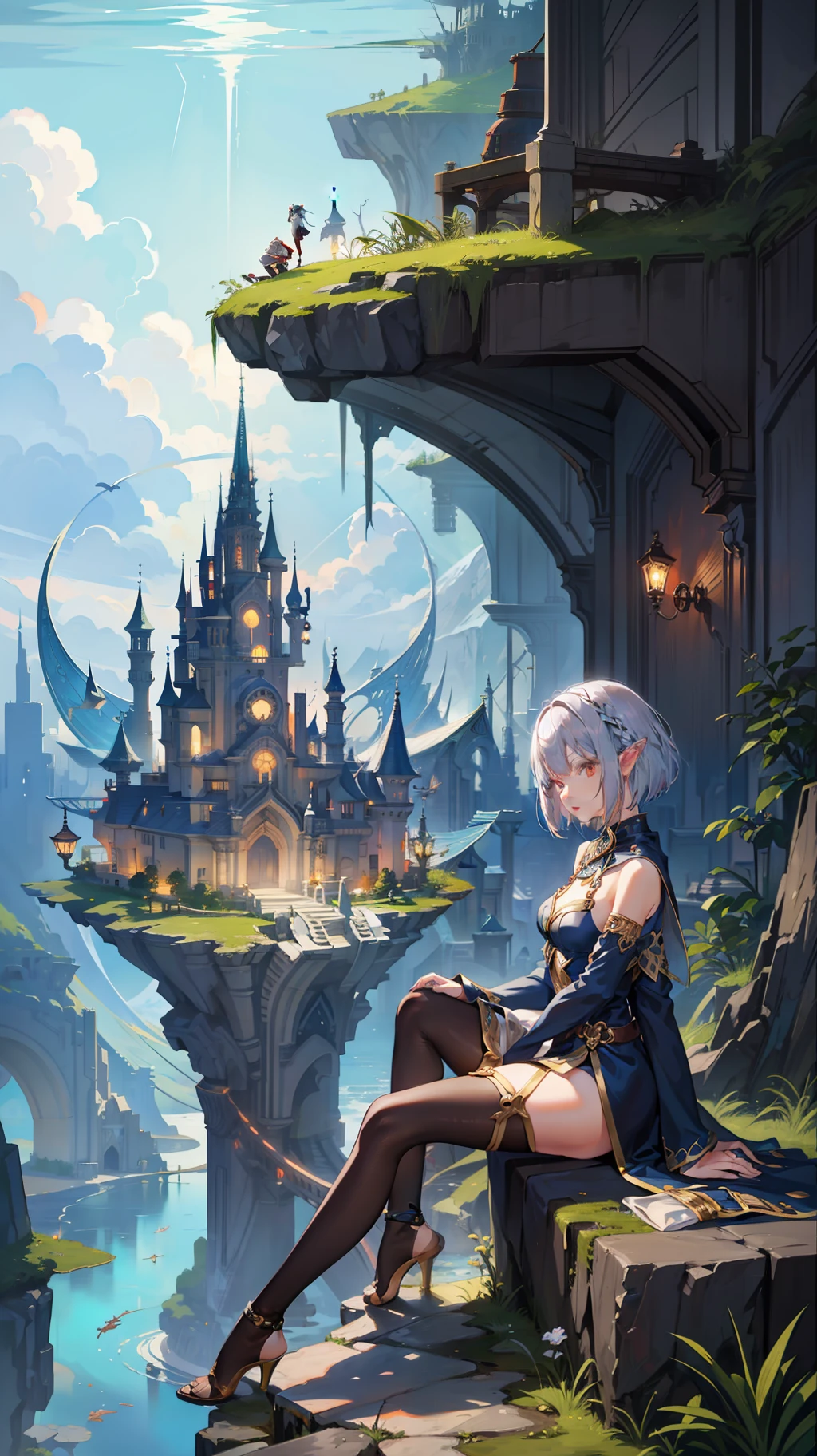 1 Girl Full Body, Elf, Silver Hair, Red Eyes, Bob Cut, Braid, Triangular Sitting, Underwater, Submerged City, Beautiful Cityscape, Concept Art, Beautiful Anime Scene, Beautiful Anime Landscape, Top Rated on pixiv, Best Quality, 4K
