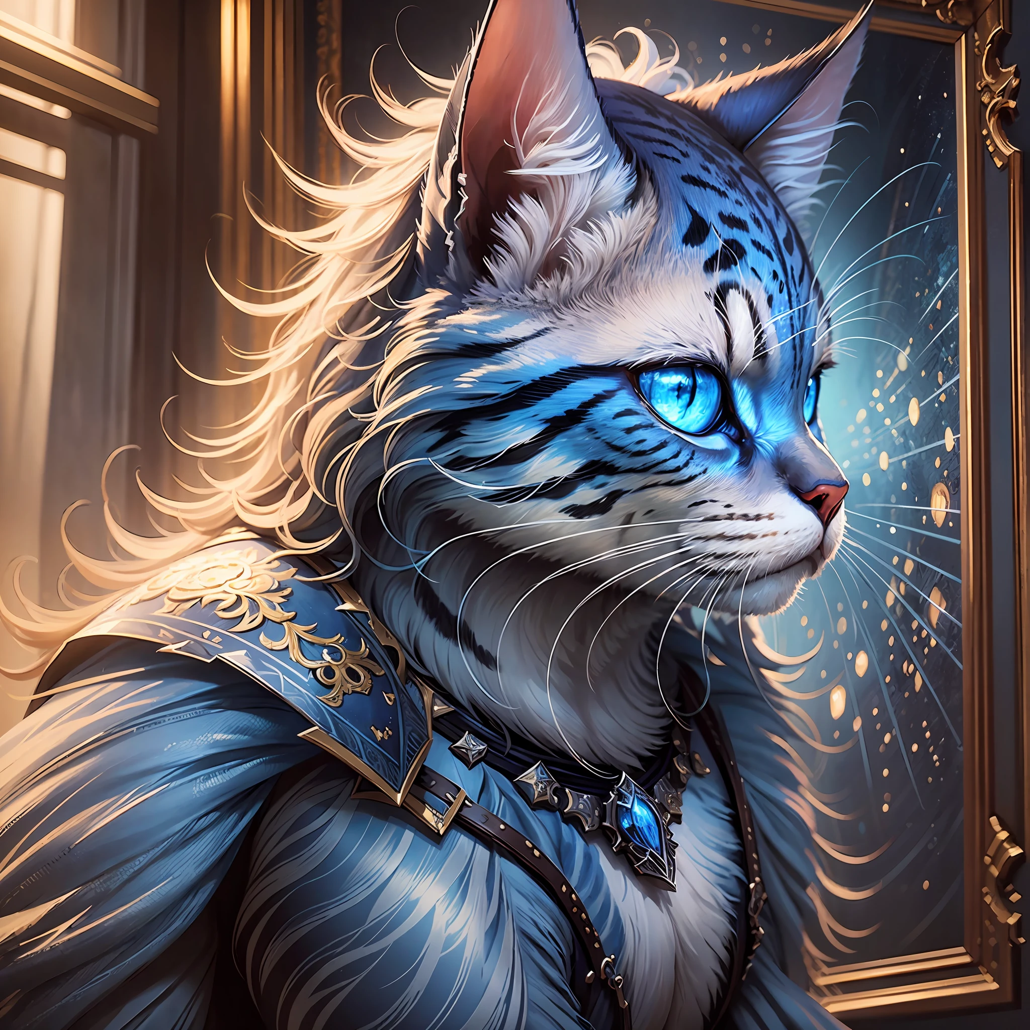 (realistic: 1.3), poster, intricate details, painting \(artwork\), ((masterpiece,best quality)), ((cinematic light)), blue angel cat,hybrid,hyperrealistic, scary, dark fantasy\(style\), detailed armor, 8k --auto --s2