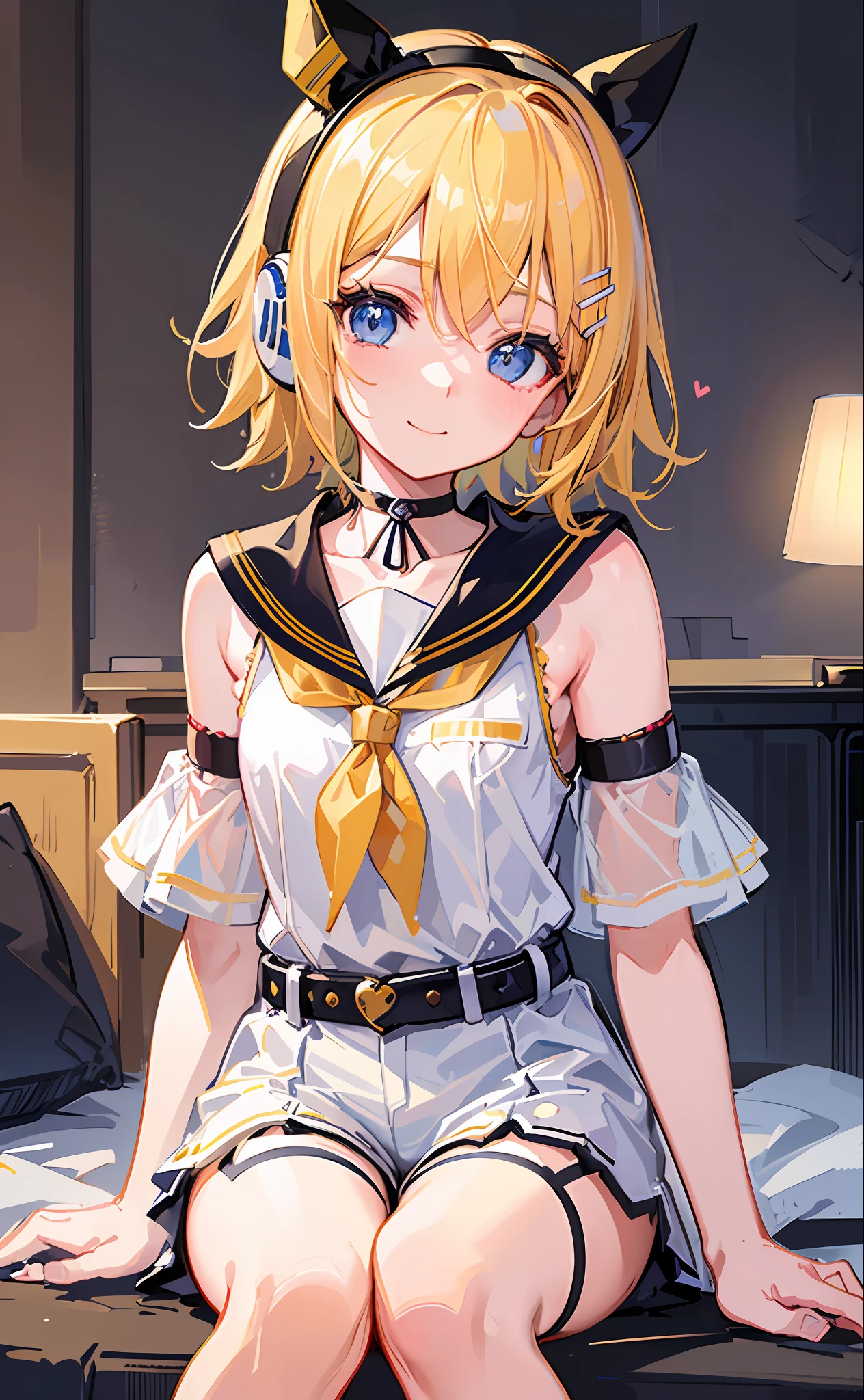 Masterpiece, Top Quality, Illustration, Super Detail, High Resolution, Absurdity, One Girl, (Kagamine_Rin: 1.5), Vocaloid, Very Cute, [Blonde], [Short Hair], Hair Clip, (Beautiful Blue Eyes), Lively Eyes, (Bright Eyes: 1.2), Beautiful Girl, Smiling, [Sailor Suit in White Tone], (Black Shorts: 1.5), Belt, shoulders are cut off, (yellow neckerchief), [White hair clip], [Headphones], Love in background, Heart, Love Love, Light, Delicate hands, Innocence, (Young: 1.3), Little girl, Lori, girlfriend, bedroom, Night, Delicate eyes, Bare legs, [Blue Archive Style], [Beautiful Girl Anime Style]