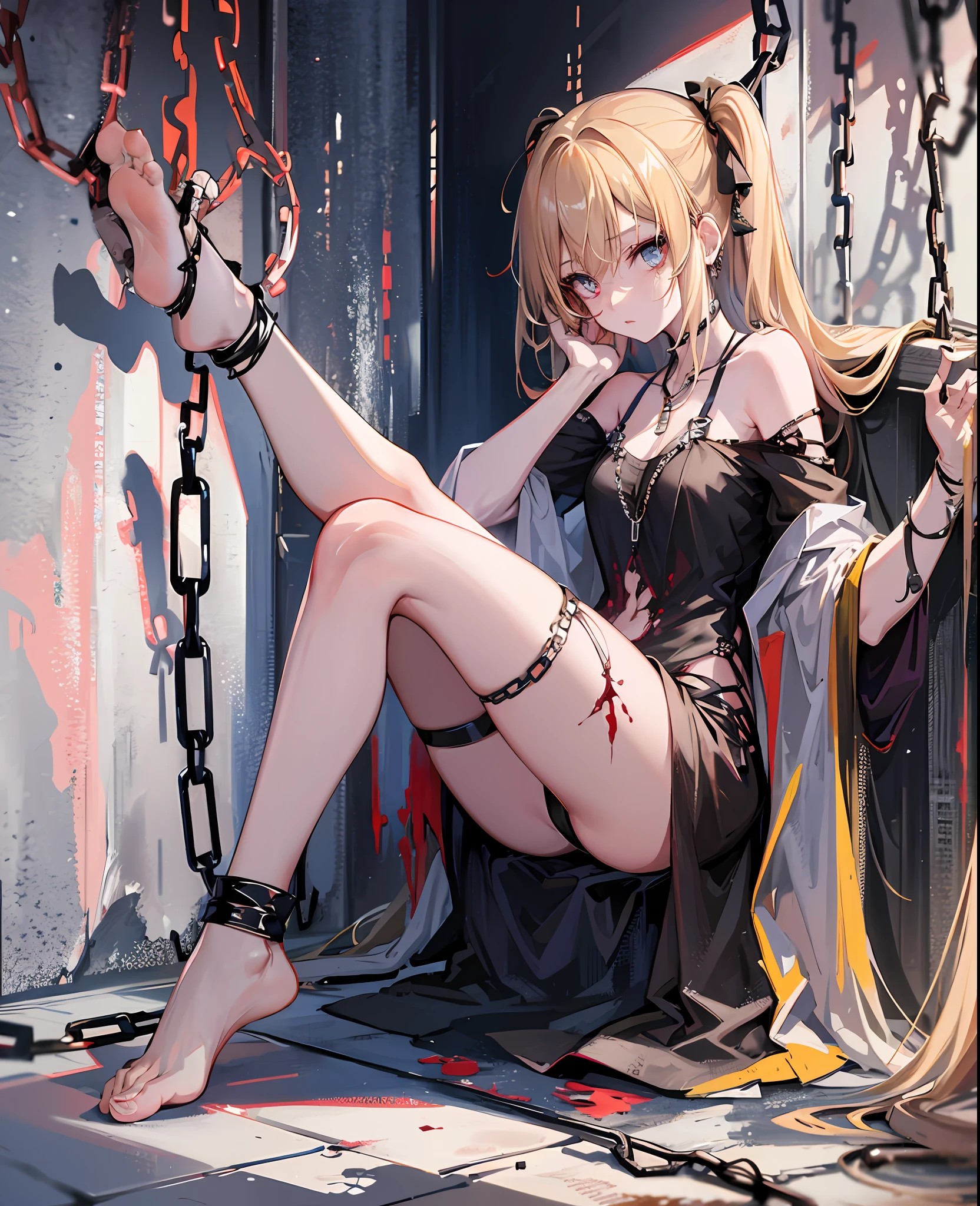 Zombie girl, in a cell, roaring, barefoot, bare legs, wearing tattered clothes, imprisoned by chains, feet locked by chains, blonde, bare shoulders, clothes torn