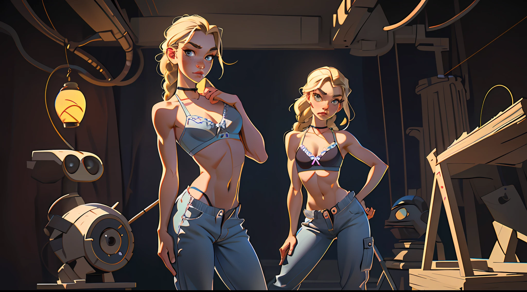 (masterpiece, best quality), 1girl, (abs:0.75), upper body, looking at viewer, bra, ((pubis, groin, crotch)), braid, (((pants pull))), freckles, choker, blonde, wide hips,