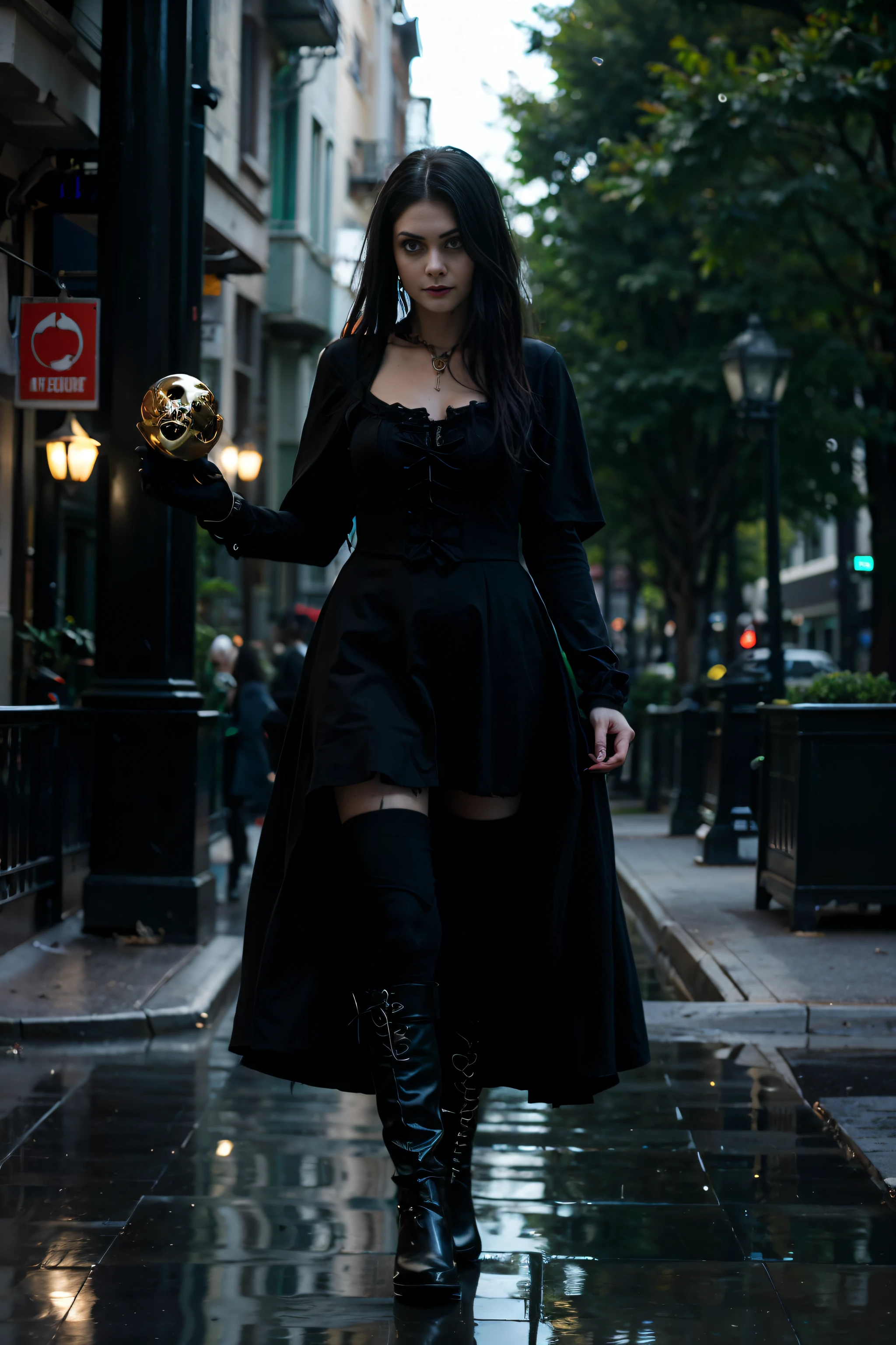 Alexandra Daddario girl smiling, holding a skull of gold ,cute, cityscape, daytime, rainy, wet, professional lighting, photon mapping, a black and white, sexy a black dress and boots on a white background, dark gothic dress, gothic dress, classical witch robe, gothic clothing, gothic clothes, black gothic lolita dress, andrajed ragged gothic gothic got, witchy clothing, gothic outfit, Gothic dress, dark astral dress, gothic punk clothing, detailed gothic cape, modern gothic clothing, reflective black robe, medieval dress. witch
