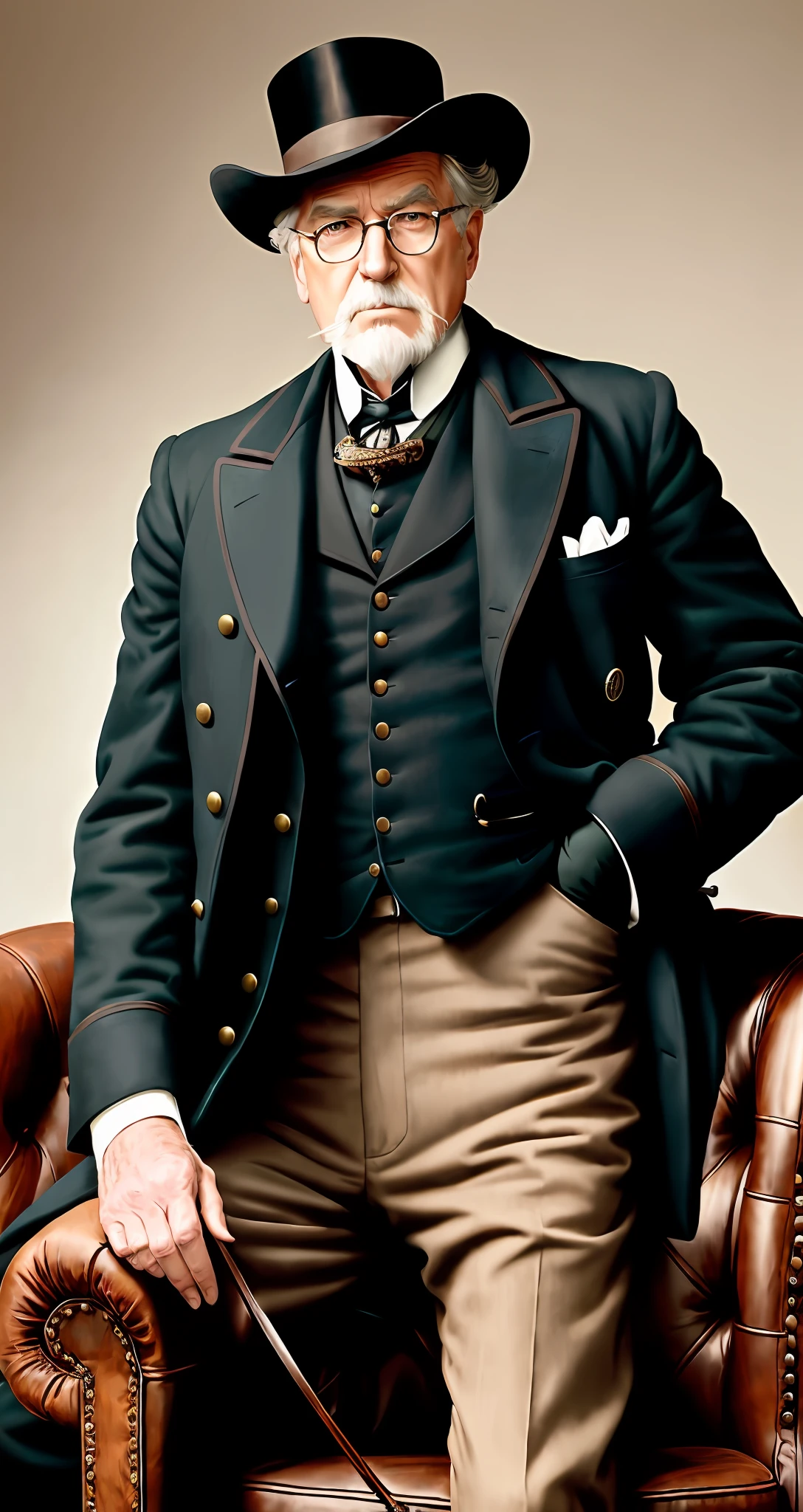 (modelshoot style), (from_bottom:1.3), (hand_on_hip:1.2), big game hunter, 1890, Victorian age, old, male, a character portrait, art by Artgerm and Greg Rutkowski and Magali Villeneuve, style, (MDJRNY-V4 style) sitting on the couch, Ford symbol.