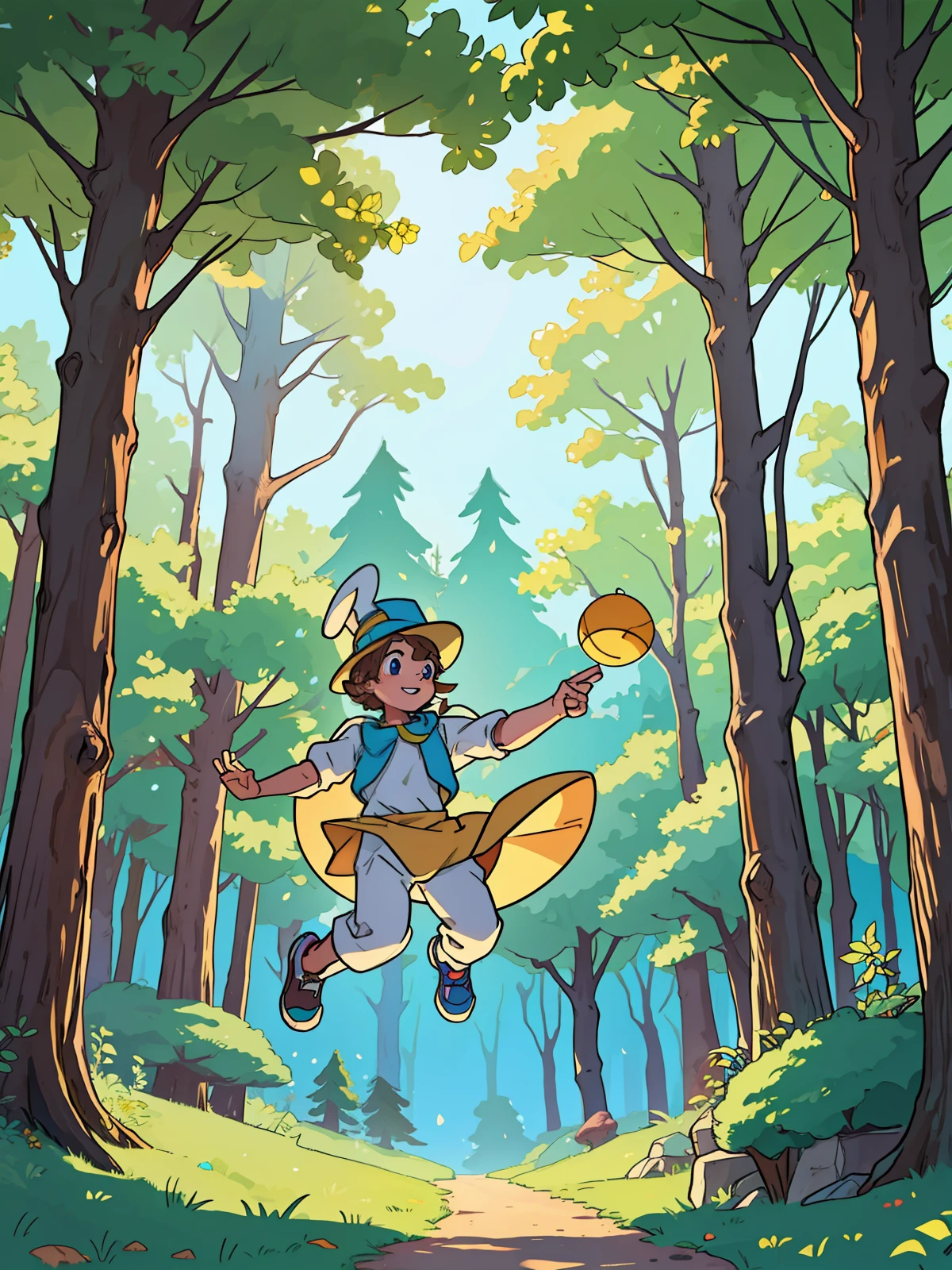 male rabbit, bouncy, wearing a hat and an outfit, in a magical forest, on a sunny day, (best quality) (Midday) masterpiece, award-winning work, anatomy of perfect hands