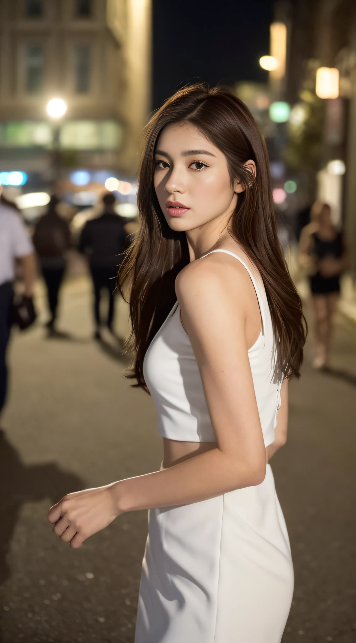 ((Realistic lighting, Best quality, 8K, Masterpiece: 1.3)), Focus: 1.2, 1girl, Perfect Figure: 1.4, Slim Abs: 1.1, ((Dark brown hair)), (White dress: 1.4), (Outdoor, Night: 1.1), City streets, Super fine face, Fine eyes, Double eyelids,