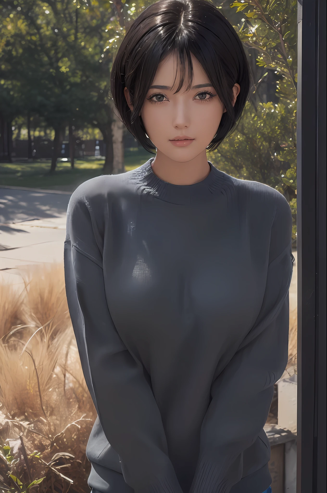(masterpiece:1.3), (8k, photorealistic, RAW photo, best quality: 1.4), (1girl), beautiful face, (realistic face), (black hair, short hair:1.3), beautiful hairstyle, realistic eyes, beautiful detailed eyes, (realistic skin), beautiful skin, (sweater), absurdres, attractive, ultra high res, ultra realistic, highly detailed, golden ratio