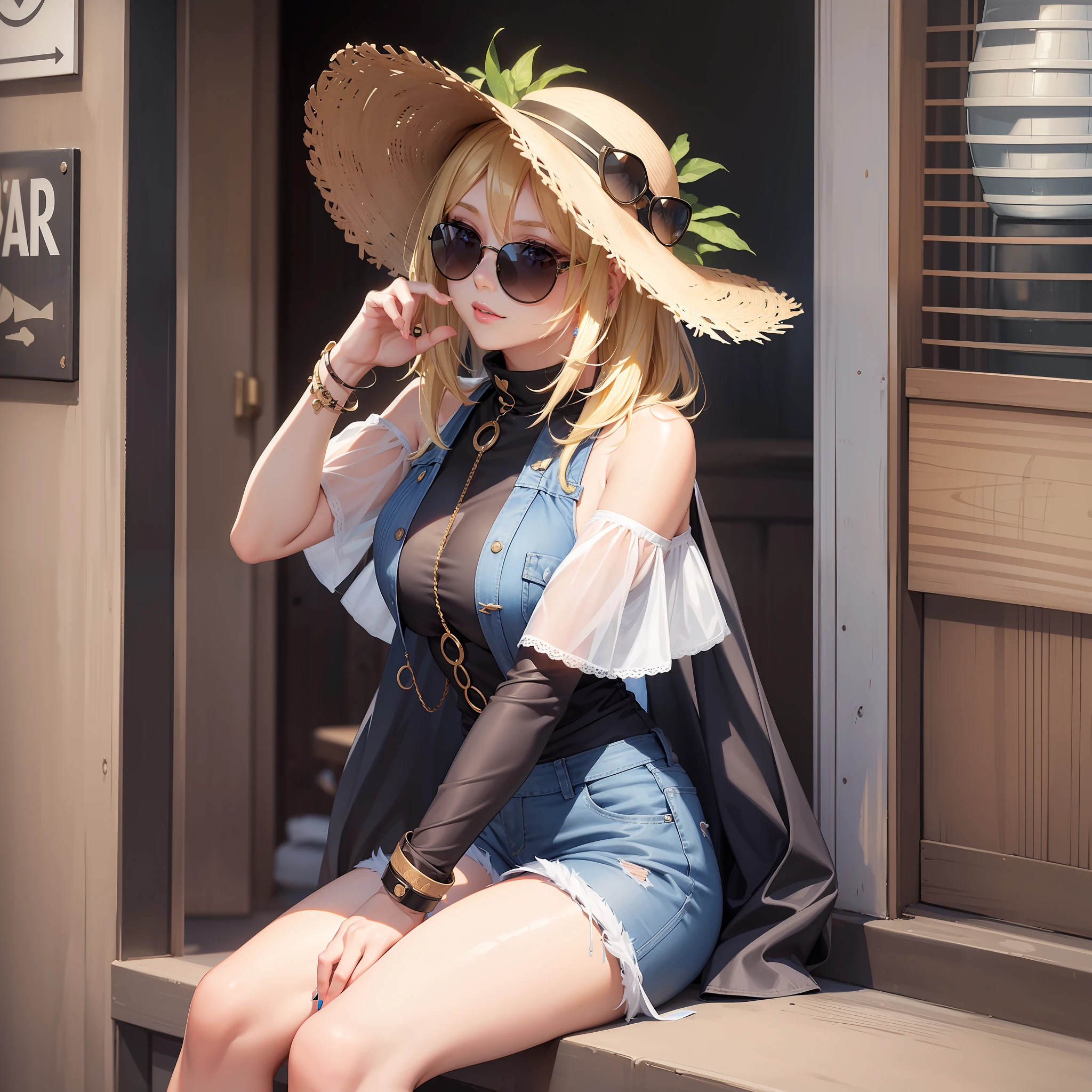 1 Beautiful girl, blonde bob hair, denim shorts, big sunglasses, perfect style 1 beautiful girl, long black hair, white dress, big straw hat, perfect style