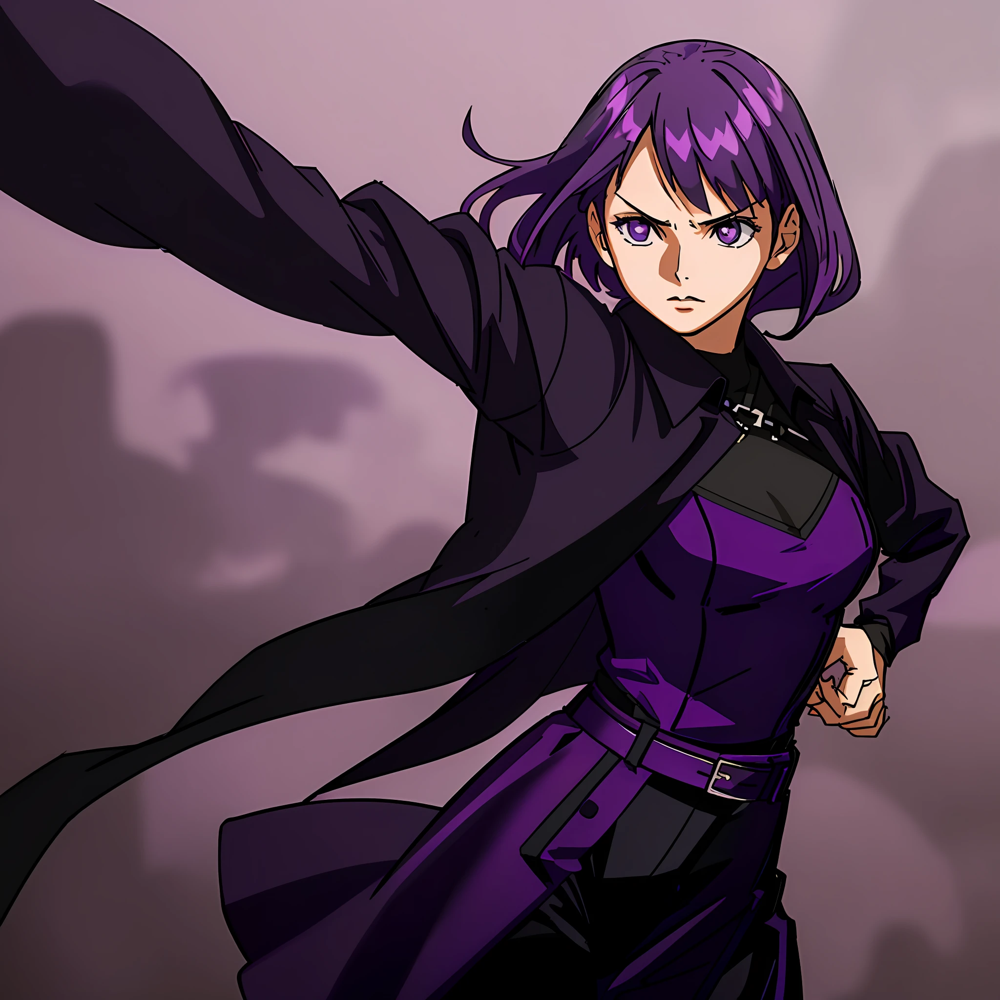1woman, (((intense))), (((fighting stance)))), ((((((((solo))))))),purple hair, medium  purplehair, purple eyes, (((black jacket))), (((black pants))), (((purple dress))), well-built, (((masterpiece))), (((best quality))), (((highres))), ((perfect hands)), ((perfect ???????)), ((medium breasts))