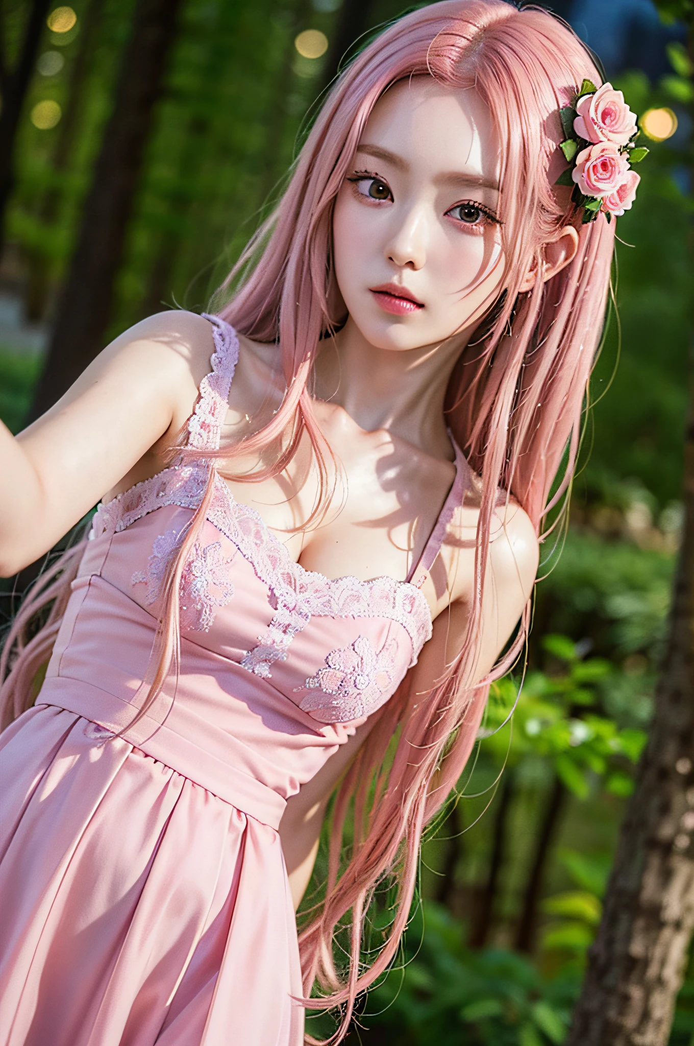 ((very detailed CG)), ((8k)), beautiful maiden, flowers, suit, forest, city night scene, a girl, beautiful face, long pink hair