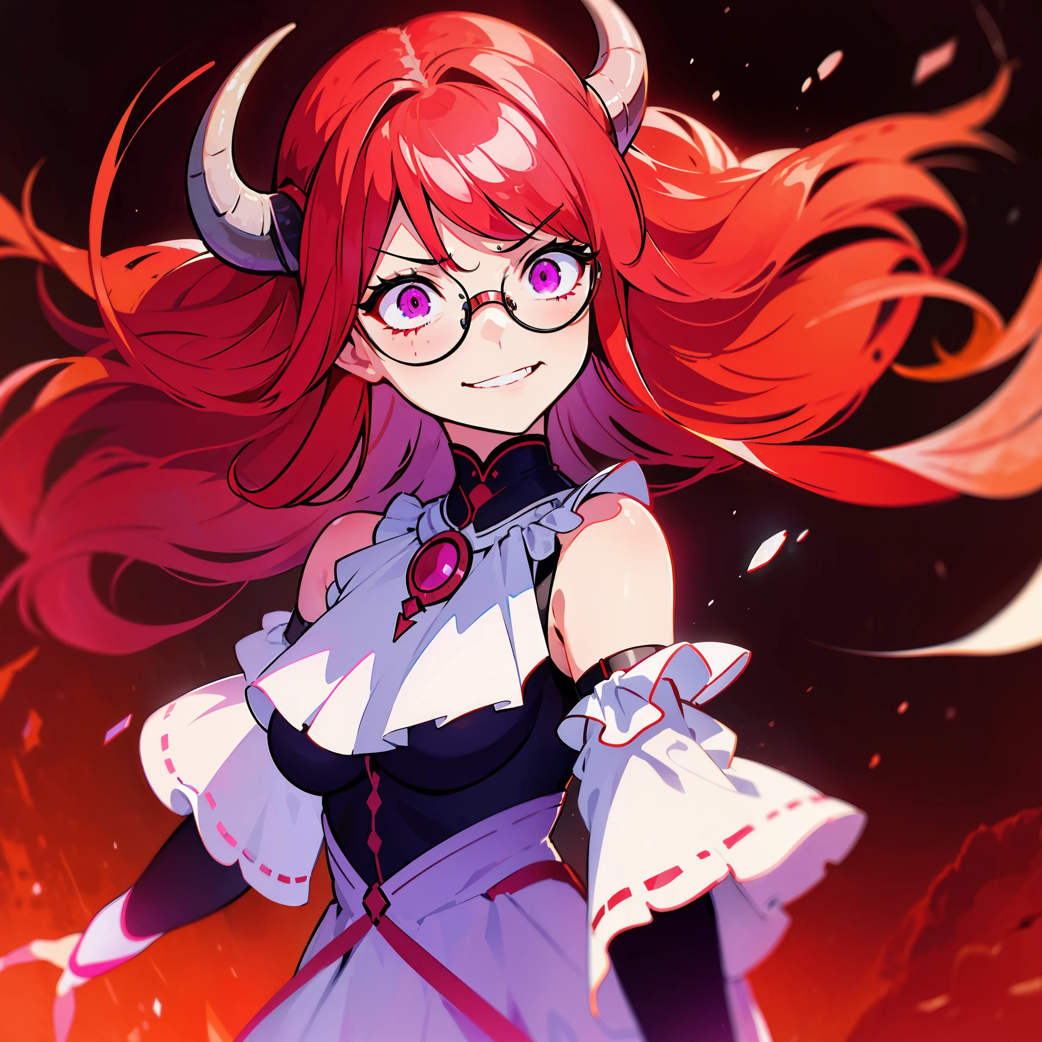 1girl, round glasses, red freckles, freckles on cheeks, red hair, fluffy red hair, medium hair, short, off-shoulder pink sundress, long red nails, detailed background, short hair, sadistic expression, smirk, purple eyes, glowing eyes, flowing hair, purple wings, dragon wings, horns, demon horns, cat eyes, creepy background, dark background, small pupils, constricted pupils, cowboy shot, full body, facing viewer, walking towards camera, sundress