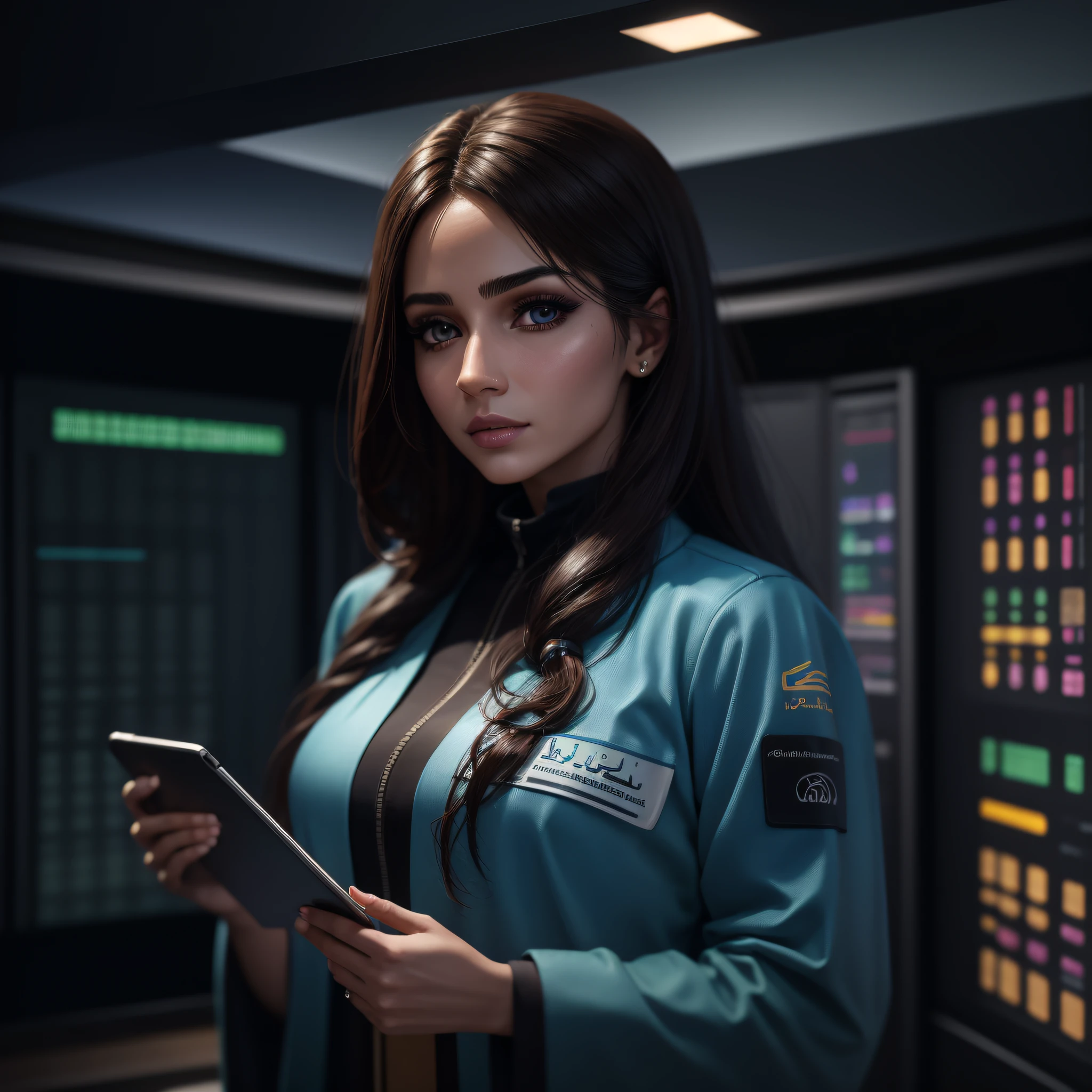 create an arab woman standing in a room,holding tablet in hands,highly realistic woman,very detailed,ultra-detailed,ultra-realistic,lab clothes,ultra-realistic fabric textures,realistic face,brown hair, standing in a server room, realistic data center, pace in server room, in futuristic lab room, in detailed data center, High detail, modern, drop shadow, cinematic lighting, high details, high quality, best quality,detailed skin,detailed eyes,complex makeup,realistic texture. --auto --s2