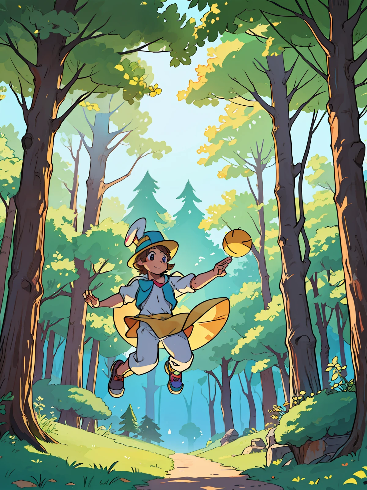 male rabbit, bouncy, wearing a hat with rabbit ears, in a magical forest, on a sunny day, (best quality) (Noon) (masterpiece), (award-winning work) (anatomy of perfect hands) (perfect anatomy)