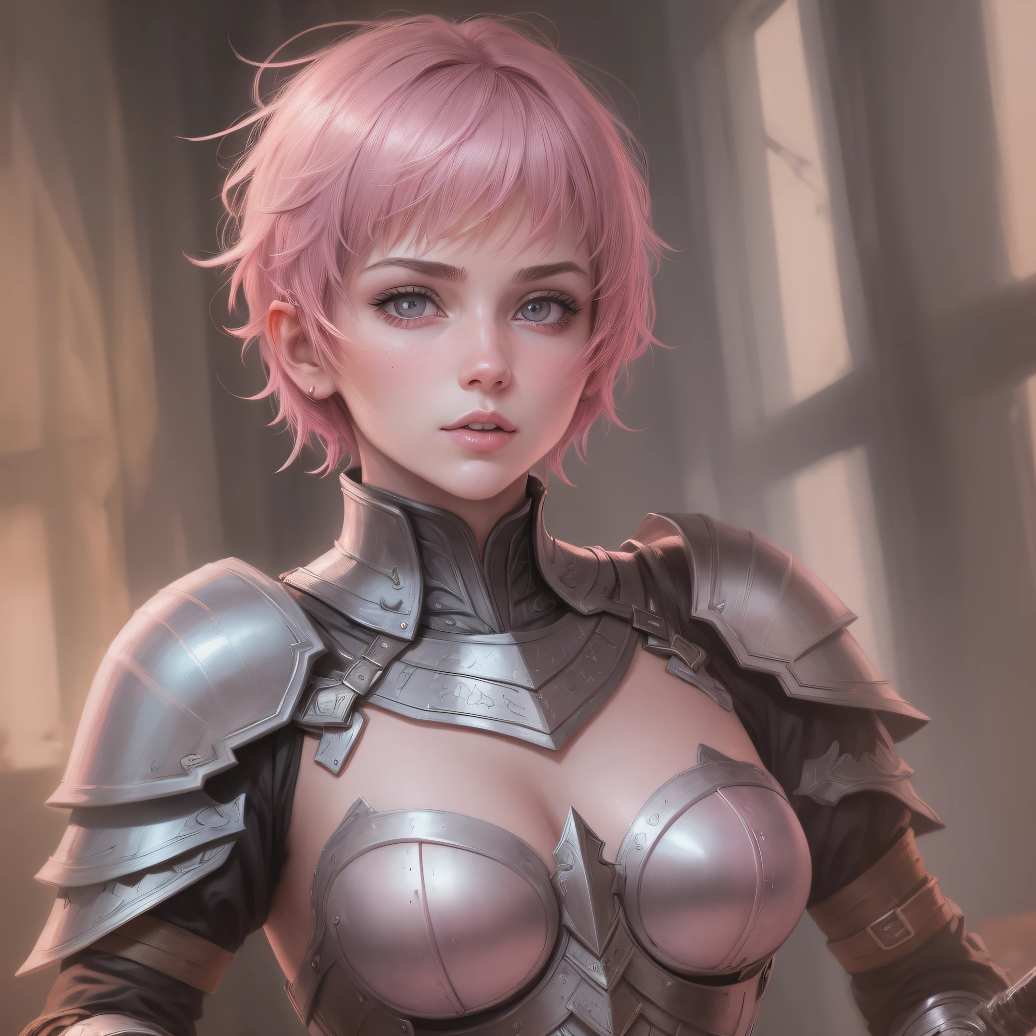 Colored pencils young woman eyes azues pink and short hair ... Armor on the shoulders, sword in hand... medium breasts pink mouth... fair skin.. --auto --s2