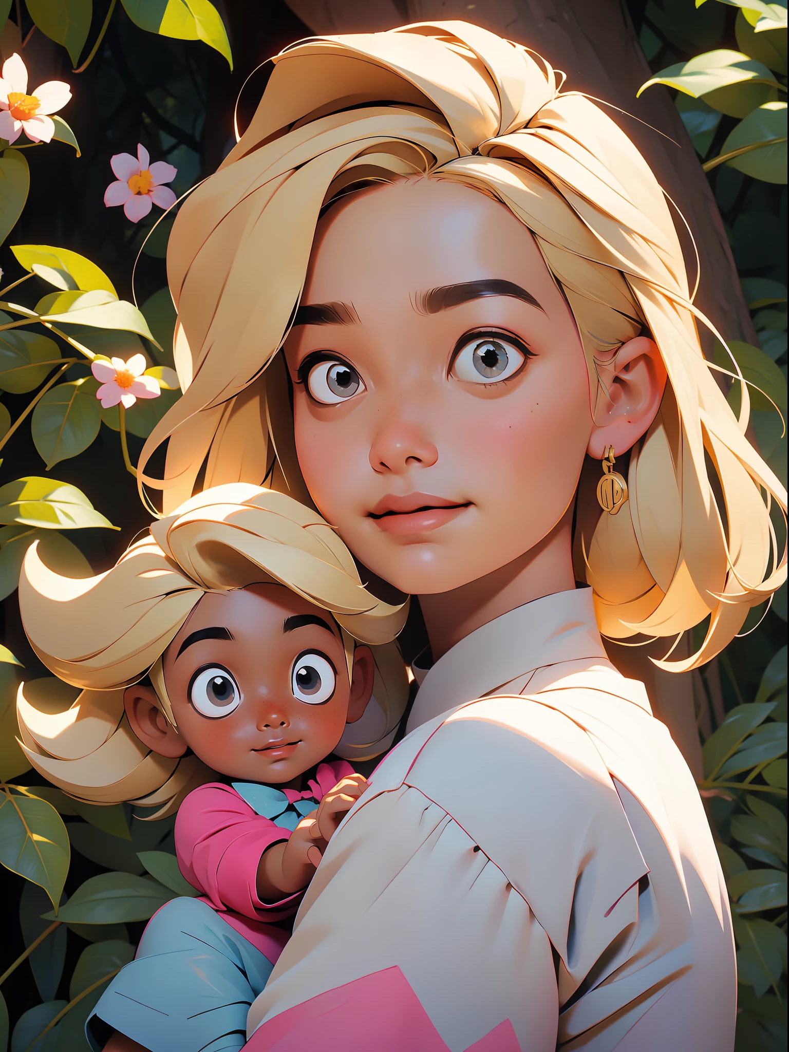 ((best quality)), ((masterpiece)), Close-up of a girl playing with a doll in a park, lots of trees and flowers, she's smiling, noose on her head, blonde hair on a late afternoon