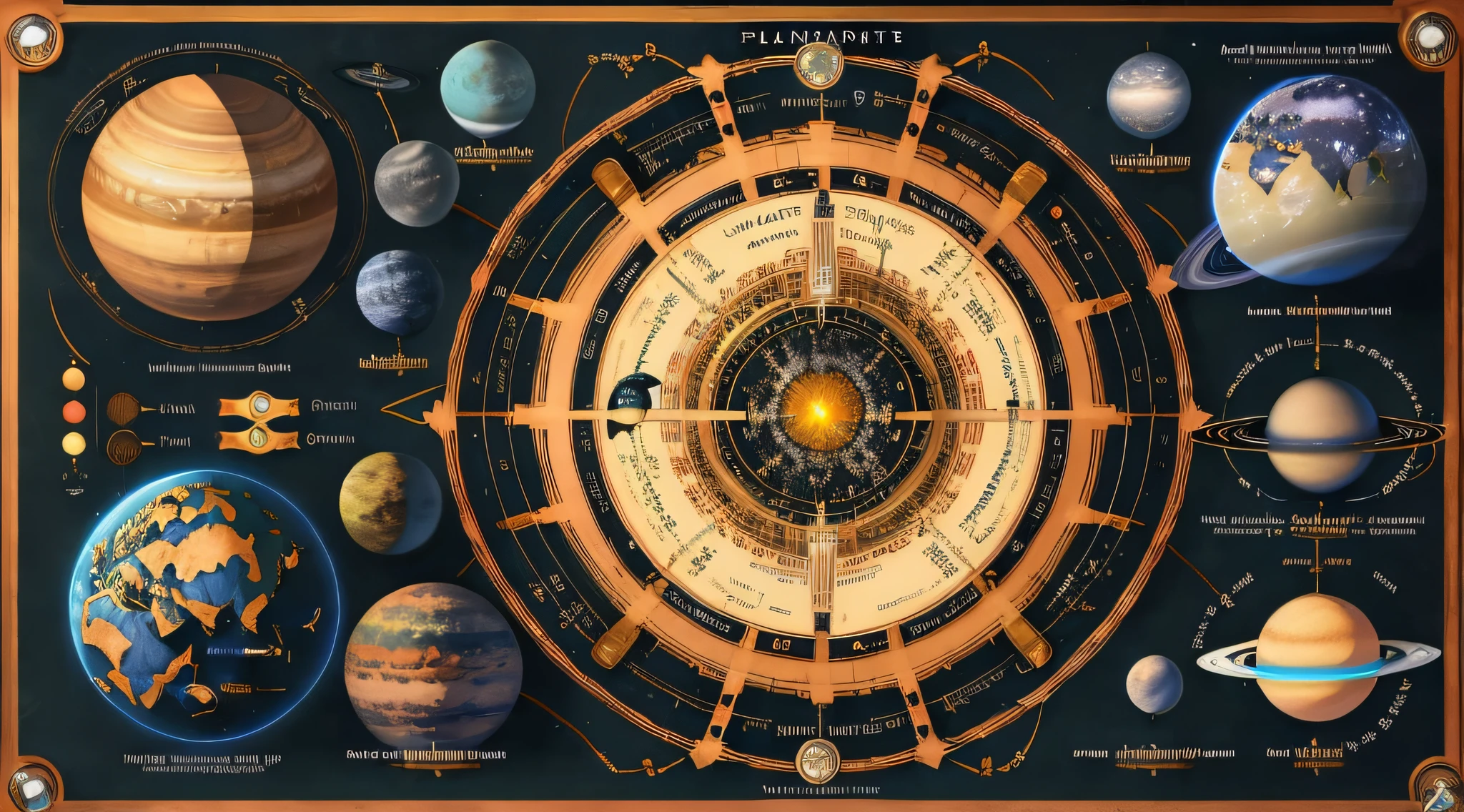 (Best quality),(masterpiece),(ultra detailed),(high detailed),(extremely detailed),an infographic map of planets with intricate details and mechanical devices, labeled diagrams, highly detailed, fantasy background, occult, 8k, occult, sci-fi