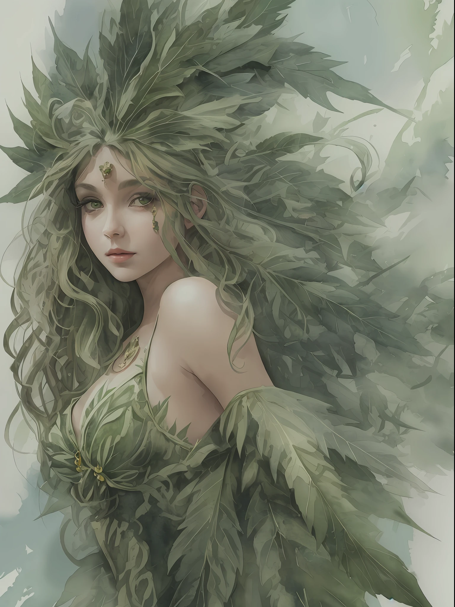 Oval cannabis leaf border (masterpiece illustration, best quality, watercolor effect:1.2), exquisite cannabis dryad,(1girl), green eyes, leafy cannabis hair adornment, cannabis features,(floating+dynamic pose+dynamic angle:1.2), detailed features, nature elements,clouds or mist,wavy hair, floating cannabis leaves