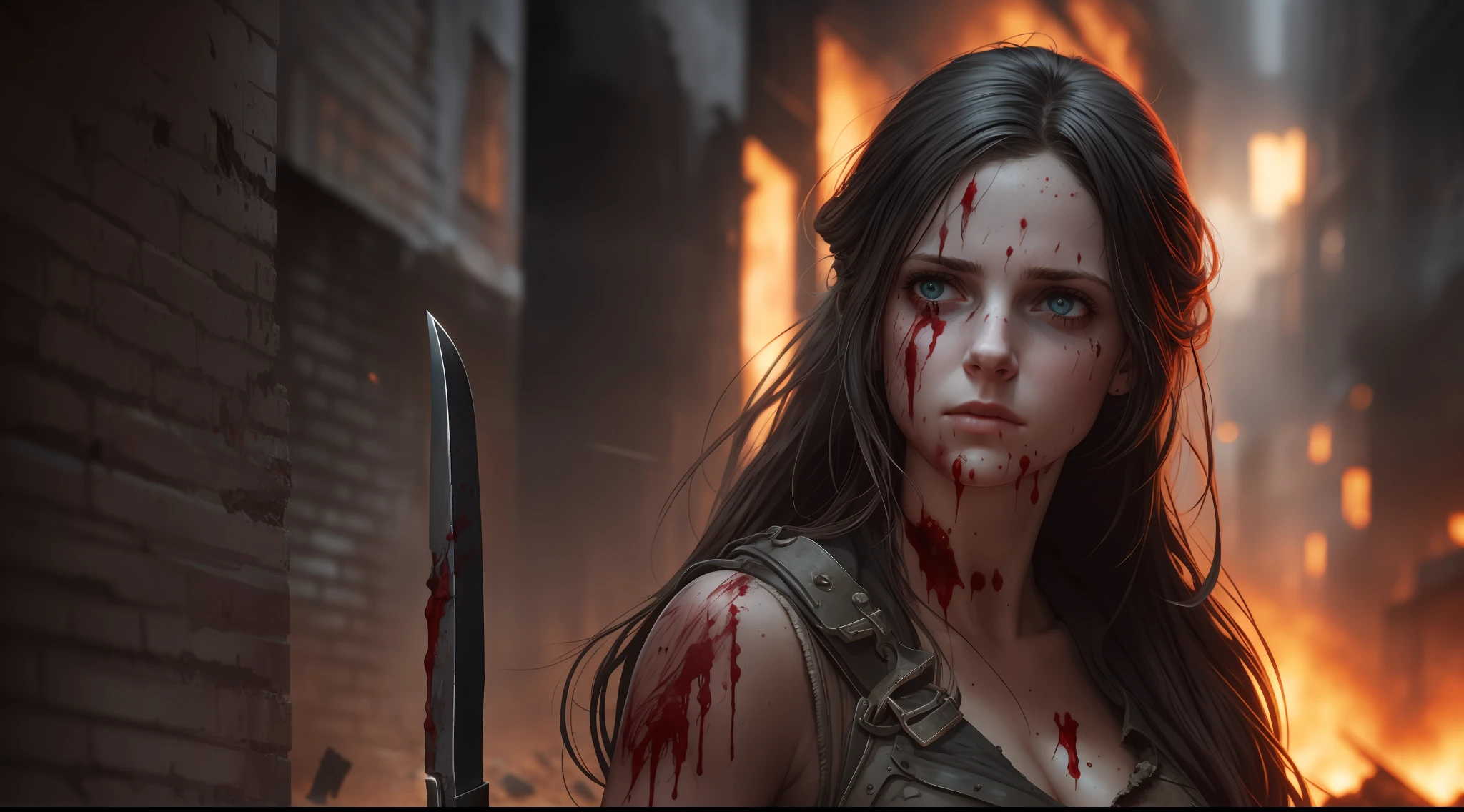 close-up of a young woman holding a knife gasping covered in blood and her hands after a battle in the alley of the destroyed and burning city in the dark night, picture perfect, apocalyptic atmosphere, studio shot, intricate, highly detailed, by greg rutkowski,