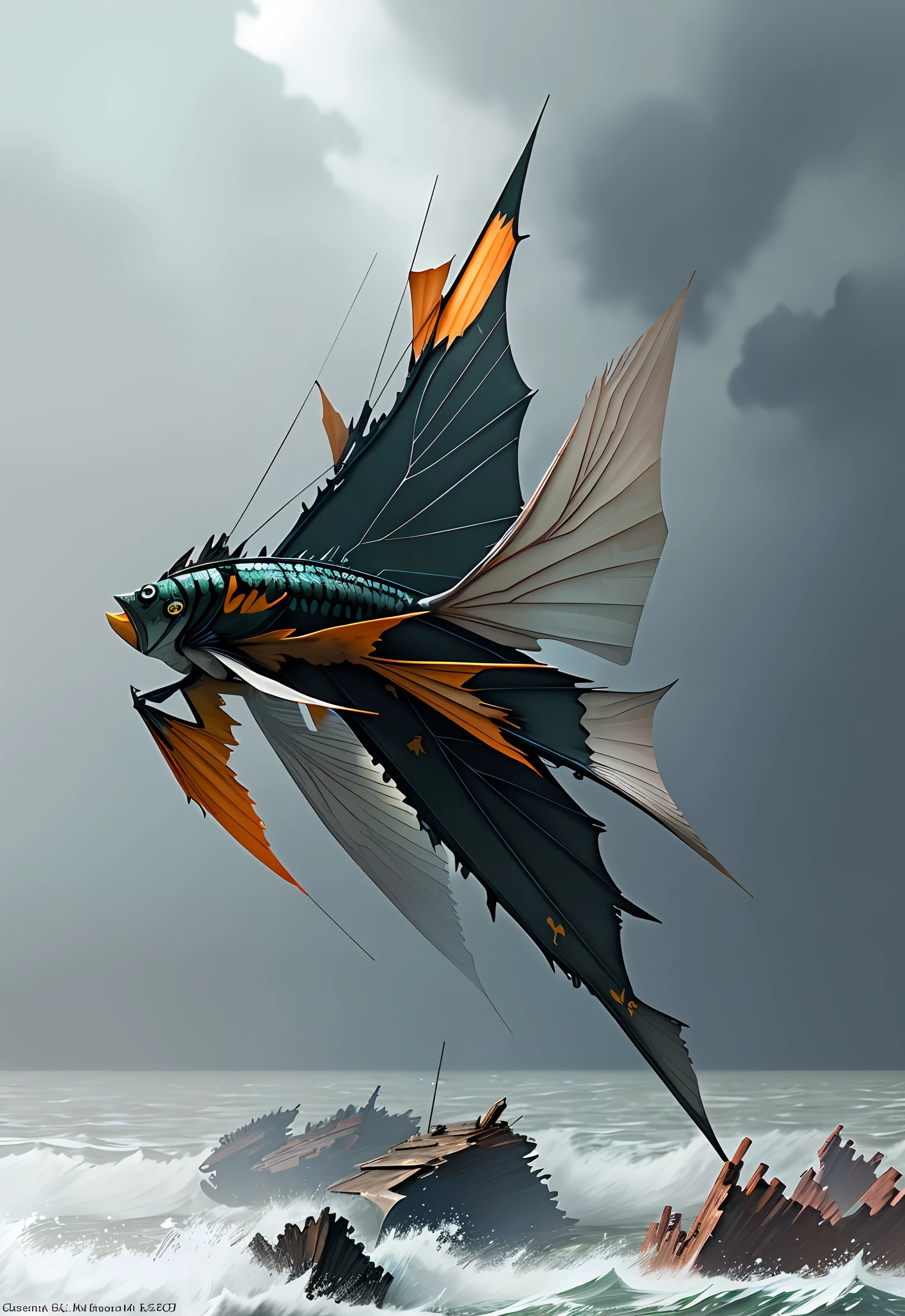 Zoom on a single Pterophyllum as it elegantly glides through a turbulent underwater battlefield. The Pterophyllum's fins are sharp and powerful, enabling it to maneuver swiftly through the chaos. Its body is armored, adorned with intricate patterns that provide protection and camouflage. The underwater battlefield is filled with remnants of a fierce struggle, with wreckage and debris scattered across the ocean floor. The water is murky and disturbed, with churning currents and billowing clouds of sand. The atmosphere is charged with tension and danger, as unseen adversaries lurk in the shadows. Despite the chaos, the Pterophyllum maintains an air of resilience and determination. Its presence in this battlefield signifies its role as a warrior, navigating through adversity with grace and strength. The viewer feels a mix of apprehension and admiration, witnessing the Pterophyllum's struggle against formidable odds. Sculpture, using a combination of clay and metal materials to create a dynamic and textured representation of the Pterophyllum in the midst of the turbulent underwater battlefield.