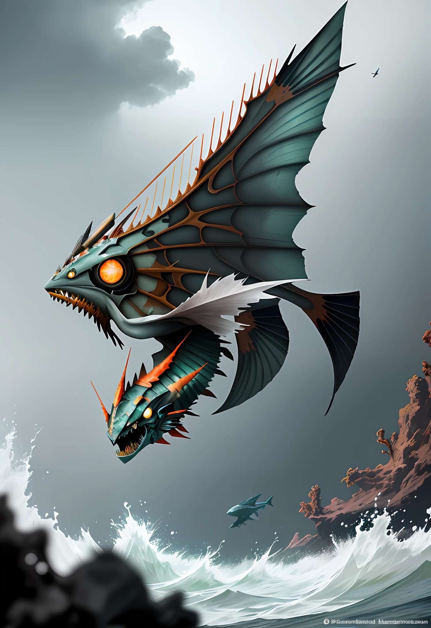 Zoom on a single Pterophyllum as it elegantly glides through a turbulent underwater battlefield. The Pterophyllum's fins are sharp and powerful, enabling it to maneuver swiftly through the chaos. Its body is armored, adorned with intricate patterns that provide protection and camouflage. The underwater battlefield is filled with remnants of a fierce struggle, with wreckage and debris scattered across the ocean floor. The water is murky and disturbed, with churning currents and billowing clouds of sand. The atmosphere is charged with tension and danger, as unseen adversaries lurk in the shadows. Despite the chaos, the Pterophyllum maintains an air of resilience and determination. Its presence in this battlefield signifies its role as a warrior, navigating through adversity with grace and strength. The viewer feels a mix of apprehension and admiration, witnessing the Pterophyllum's struggle against formidable odds. Sculpture, using a combination of clay and metal materials to create a dynamic and textured representation of the Pterophyllum in the midst of the turbulent underwater battlefield.
