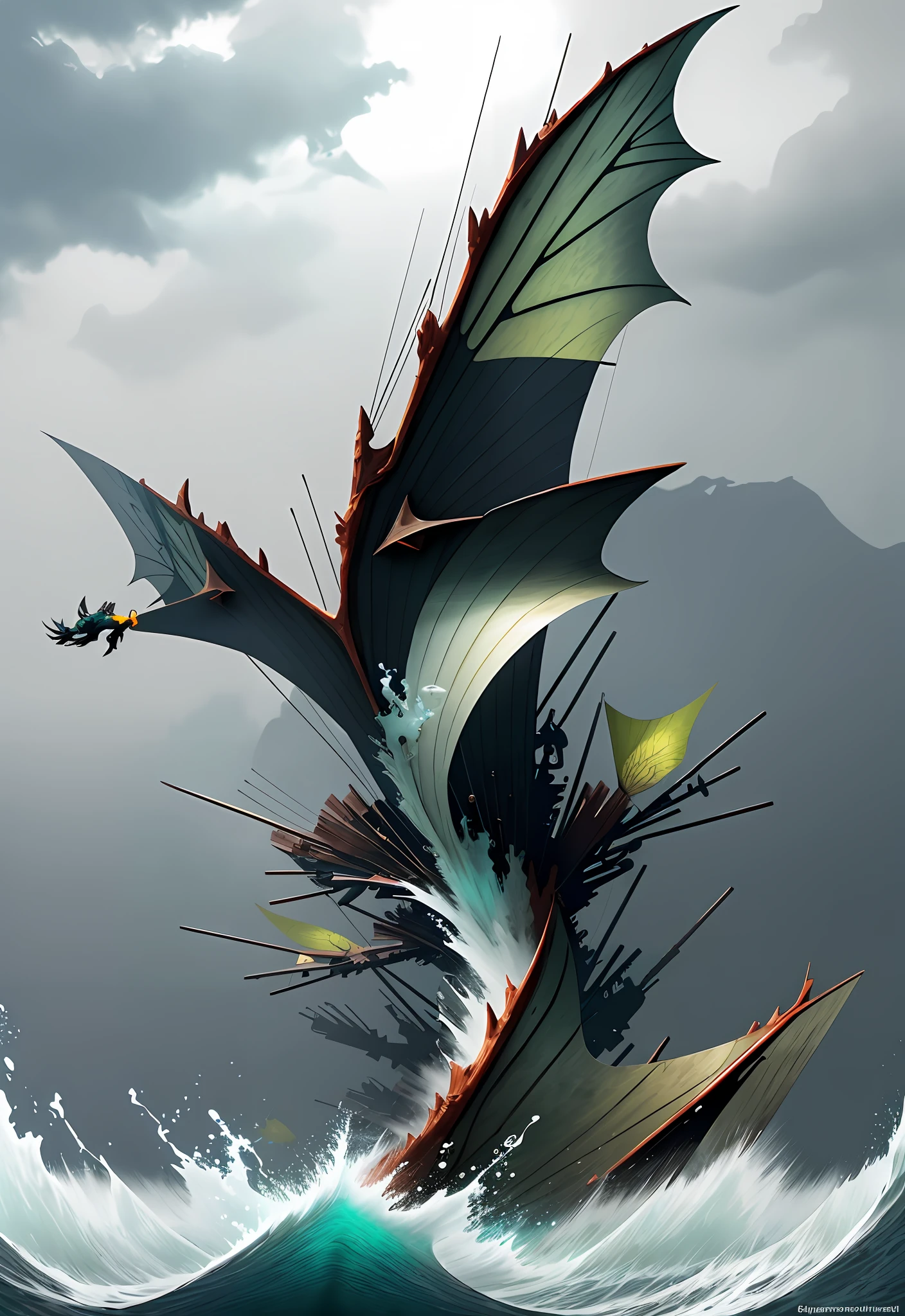 Zoom on a single Pterophyllum as it elegantly glides through a turbulent underwater battlefield. The Pterophyllum's fins are sharp and powerful, enabling it to maneuver swiftly through the chaos. Its body is armored, adorned with intricate patterns that provide protection and camouflage. The underwater battlefield is filled with remnants of a fierce struggle, with wreckage and debris scattered across the ocean floor. The water is murky and disturbed, with churning currents and billowing clouds of sand. The atmosphere is charged with tension and danger, as unseen adversaries lurk in the shadows. Despite the chaos, the Pterophyllum maintains an air of resilience and determination. Its presence in this battlefield signifies its role as a warrior, navigating through adversity with grace and strength. The viewer feels a mix of apprehension and admiration, witnessing the Pterophyllum's struggle against formidable odds. Sculpture, using a combination of clay and metal materials to create a dynamic and textured representation of the Pterophyllum in the midst of the turbulent underwater battlefield.