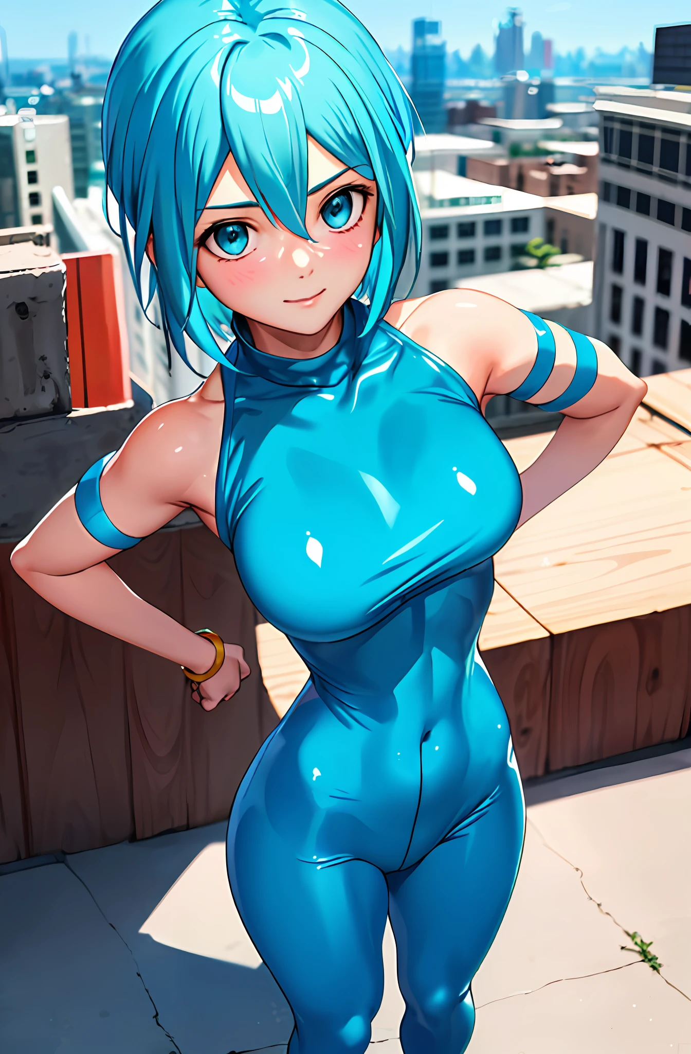 (Masterpiece), (Best Quality), (Perfect Face),1 Girl, Allenby, (Aqua Hair1.2), Blue Bodysuit, Cowboy Shot,Rubber Bodysuit, City