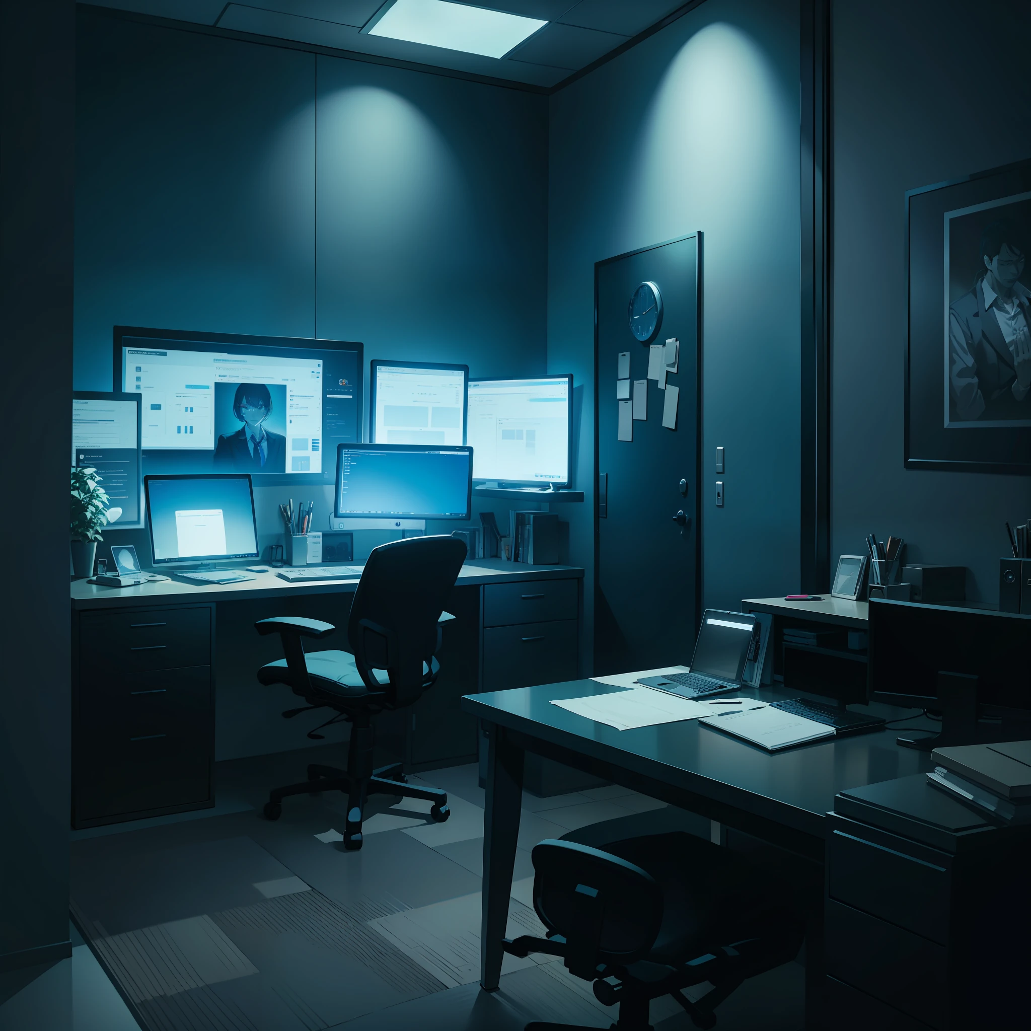 Office boss desk, scary, horror, themed dark, dark, night, low lighting, dark blue colors,