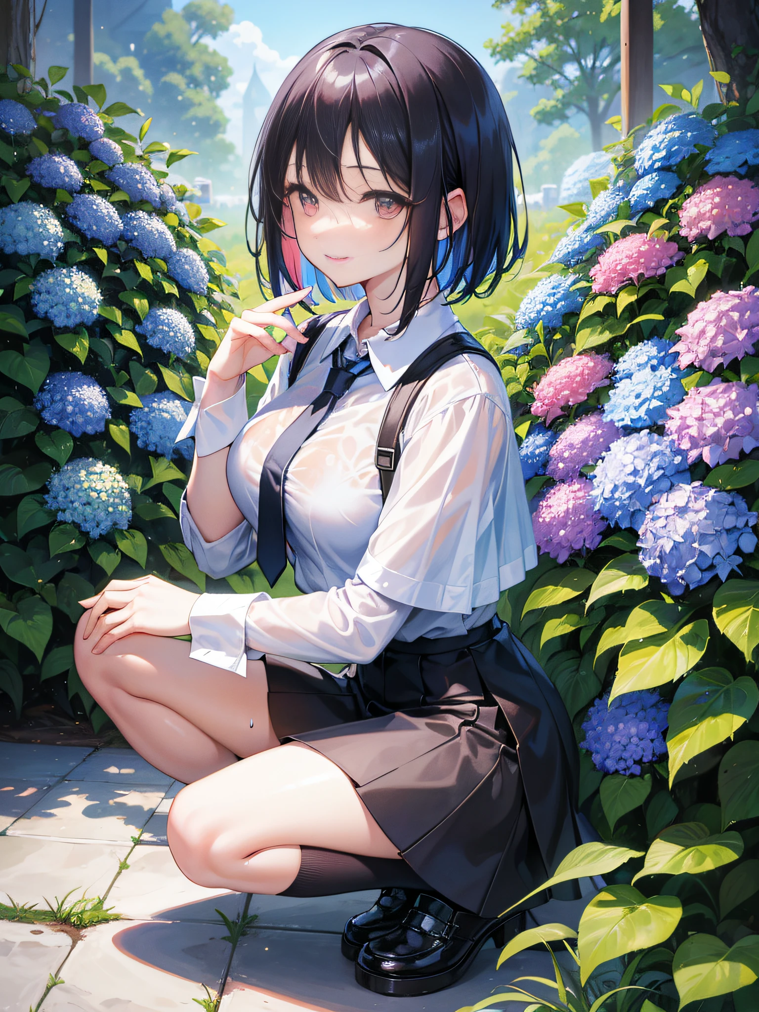 ((masterpiece, super detailed, fine detail, top quality, illustration)), blue sky, 20-year-old woman, beautiful woman, beautiful wet black hair, bob cut, beautiful red eyes, close-up, wet white shirt, tie, checked miniskirt, black socks, black shoes, a lot of hydrangea, rainbow visible, whole body, smile, looking up at the sky, squatting, white underwear,