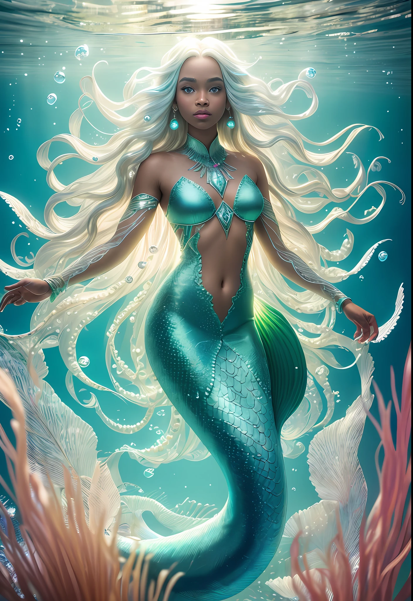 full length portrait mermaid water nymph, underwater, beautiful african american, beautiful symmetrical face, long green, red hair flowing thin as ink in water, pearls, shells, small neon fish scales, sunlight details smooth, ethereal sunshine, elegant design, 8k. Cinematic, photoshoot, shot on 25mm lens, depth of field, tilt blur, shutter speed 1/1000, f/22, white balance, 32k, super resolution, professional RGB photo, half backlight, backlight, tone mapping, CGI, VFX, SFX, insanely detailed and intricate, hyper maximalist, elegant and dynamic pose, photography, volumetric, ultra-detailed, intricate detail, super detailed, ambient.