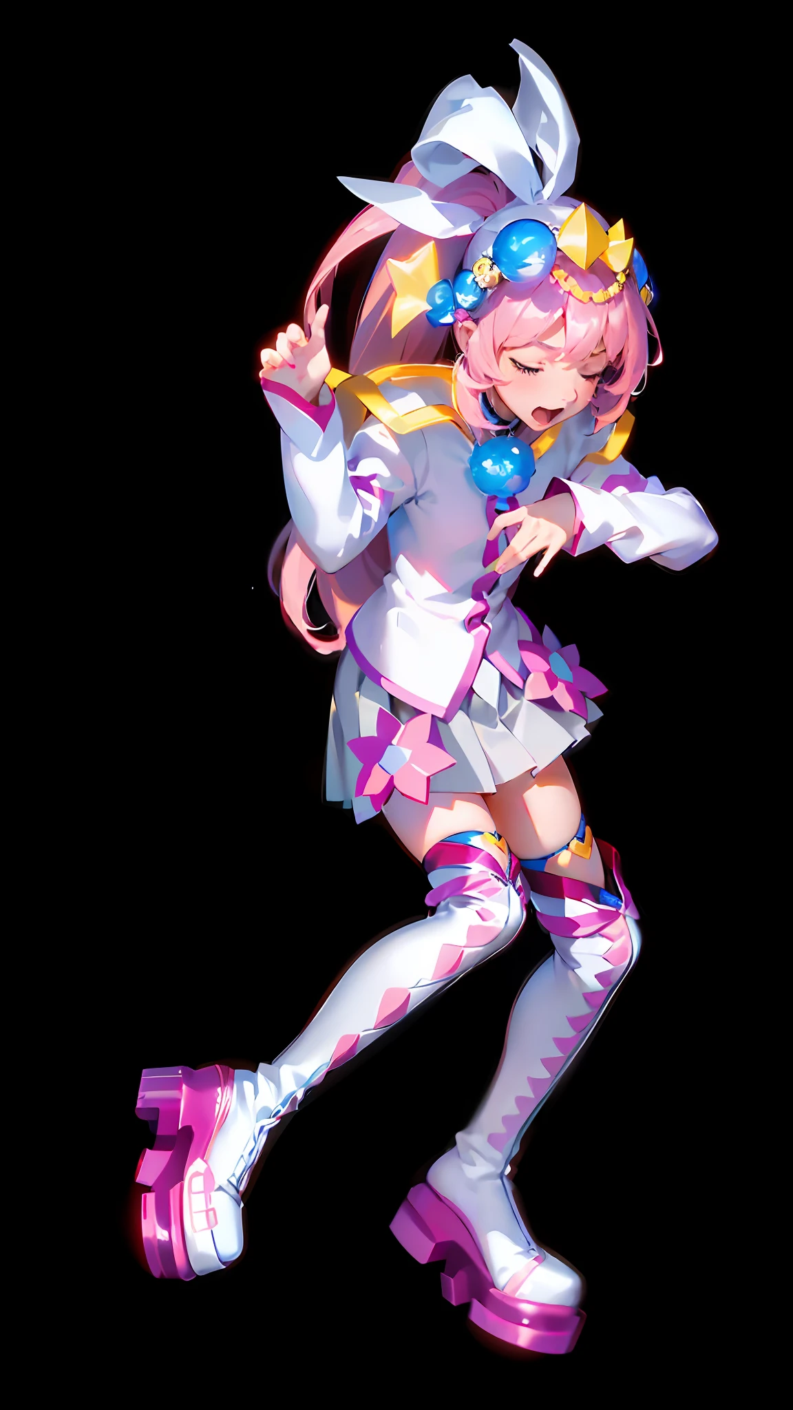 ((cute + dynamic: 1.2), (masterpiece: 1.5), (best quality: 1.5), hand-drawn 8K wallpaper, 1 girl, closed eyes, slightly open mouth, cover face pain, teary eyes, single ponytail + (pink hair: 1.3), beautifully hand-painted, flowing long hair, charming sight, white shirt + pink skirt + over-the-knee socks: (1.2), fine headwear, white boots: (1.2), smooth legs: (1.2), no background: (1.5)), right light source