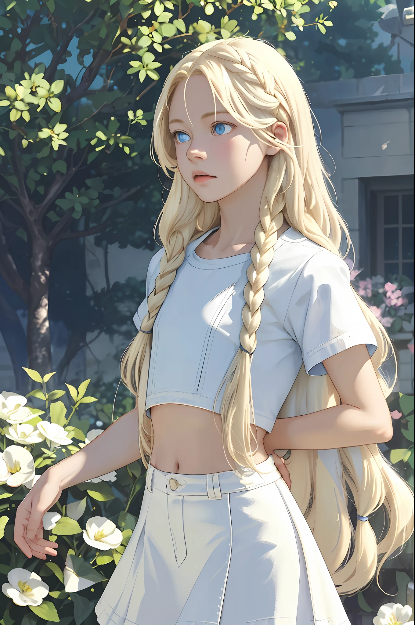 (masterpiece, best quality), ultra high resolution, depth of field, 1 pretty anime girl, 12 years old, finely detailed, high details, high quality shadow, beautifully detailed, (bokeh: 1.5), solo, flower, outdoor, day, sky, cloud, sunlight, white shirt with short sleeves, very short denim skirt, cropped, full body, whole body in the middle of the picture, from the side, blue sky, (highly detailed skin, skin details), look viewer, long blonde hair,  artfully braided hair, parted lips, petite breasts, flat stomach, long hair (platinum blonde hair:1.5), ((blue eyes)), Art by Makoto Shinkai, Anime Moe Artstyle, Digital Art on Pixiv, Azur Lane Style