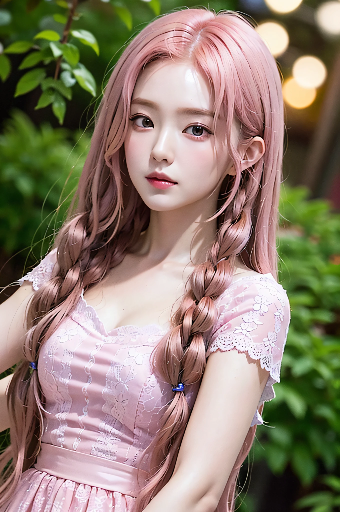 ((very detailed CG)), ((8k)), beautiful maiden, flowers, suit, forest, city night scene, a girl, beautiful face, long pink hair