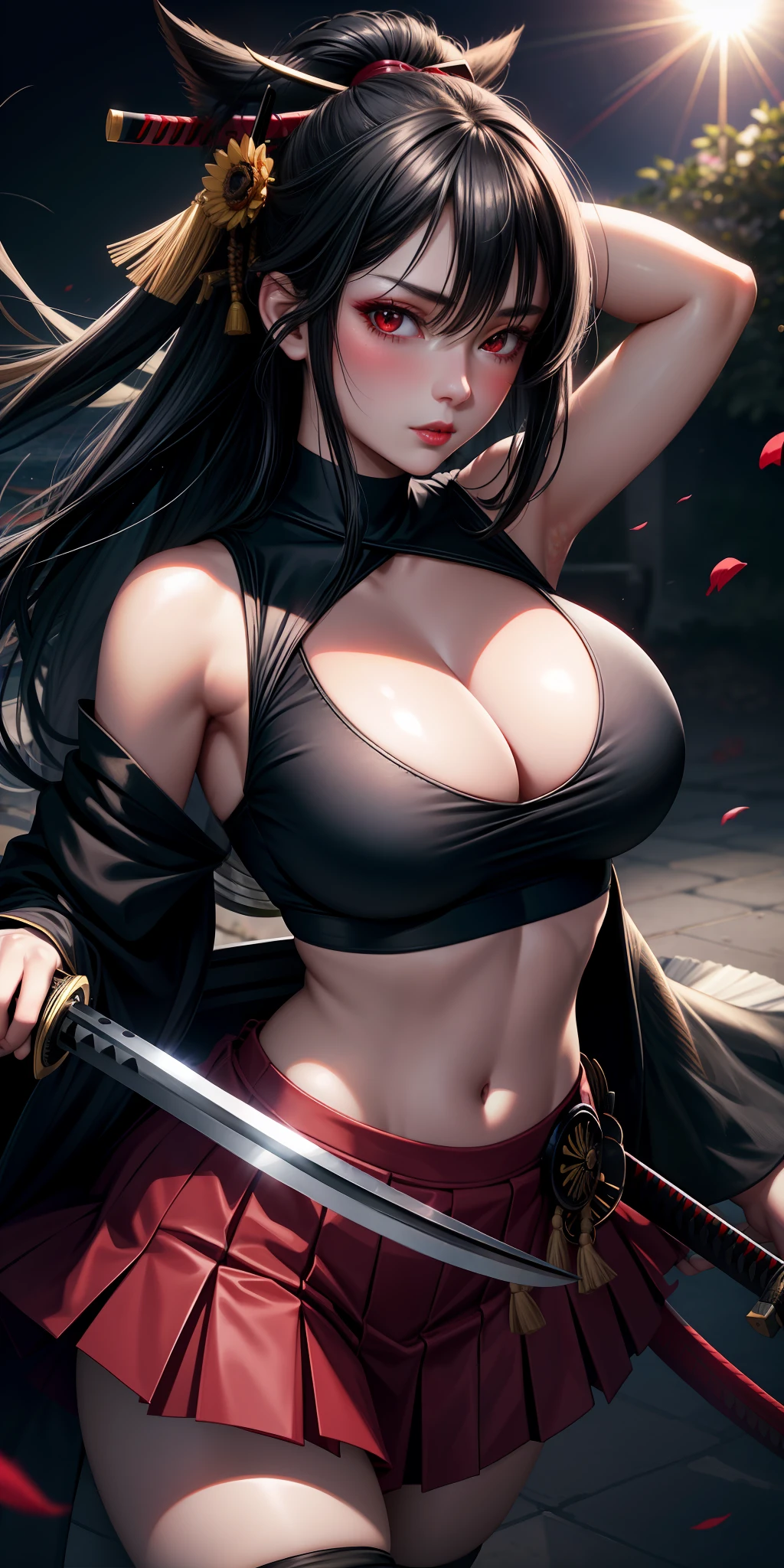 realistic, 1girl, black hair, red eyes, bright eyes, cropped top, skirt, lips half-open, blush, night, flowers, sun, sunlight, large breasts, hashira, samurai, katana, kunai