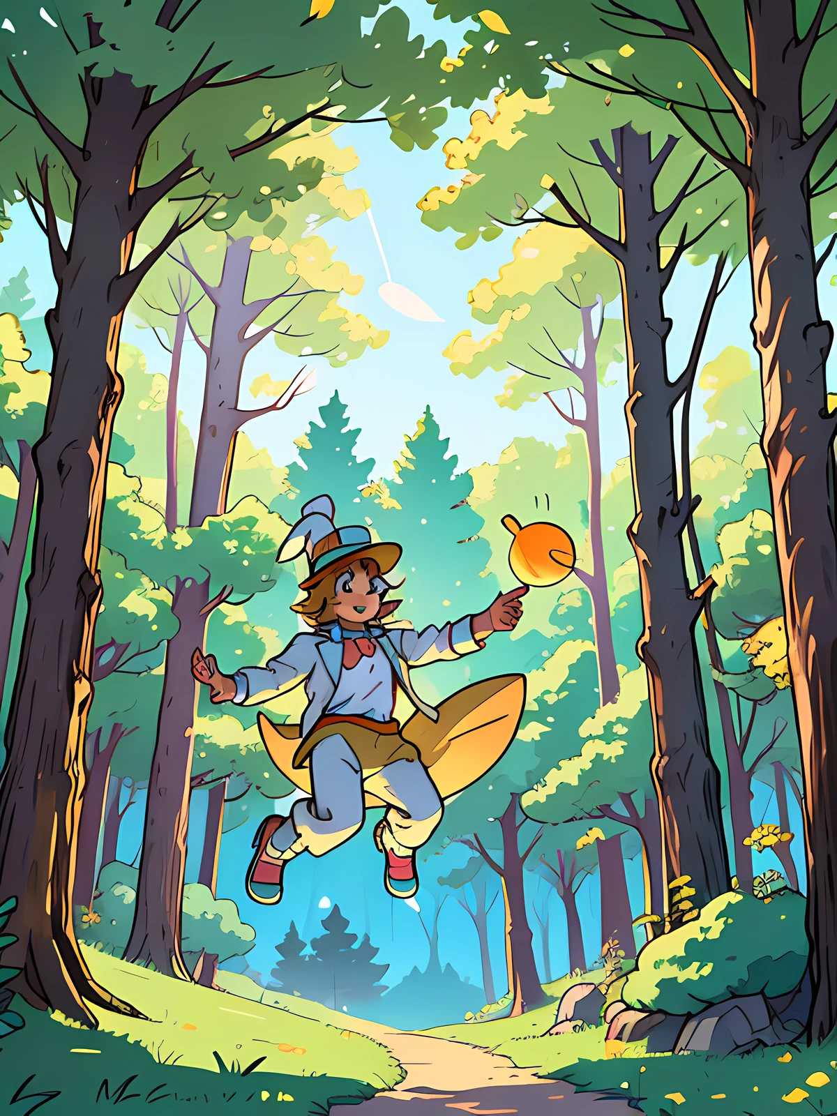 male rabbit, bouncy, wearing a hat with rabbit ears, in a magical forest, on a sunny day, (best quality) (Noon) (masterpiece), (award-winning work) (anatomy of perfect hands) (perfect anatomy)