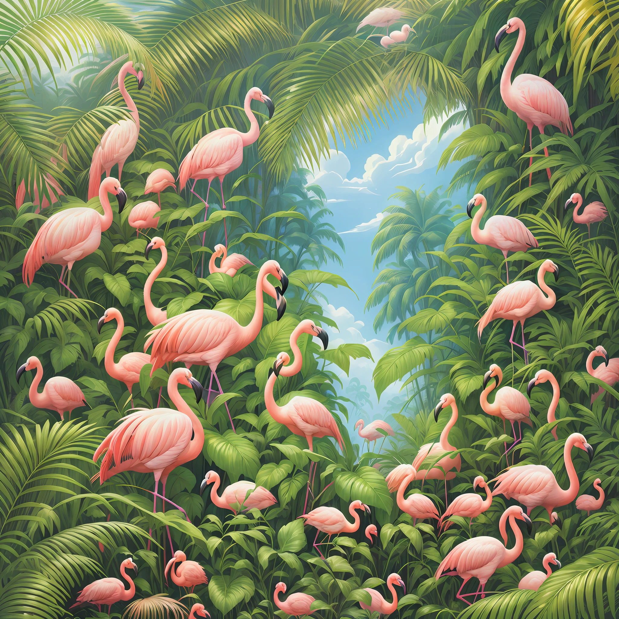colorful zebras, flamingos+zebras in the jungle with palm leaves, sunset, tropical jungle, tropical forest, by Hildebrandt, hyper realistic, surrealist, by David B. Mattingly, flamingos, flamingos, jim warren, mysterious jungle painting, hildebrandt, tropical birds, flamingo, tropical paradise, by Thomas Dalziel, amazing background, beautiful nature, laurent durieux, by Joe Jusko, by Brian Thomas, by Wayne England, breathtaking, 8k, masterpiece, 3d rendering, rendering