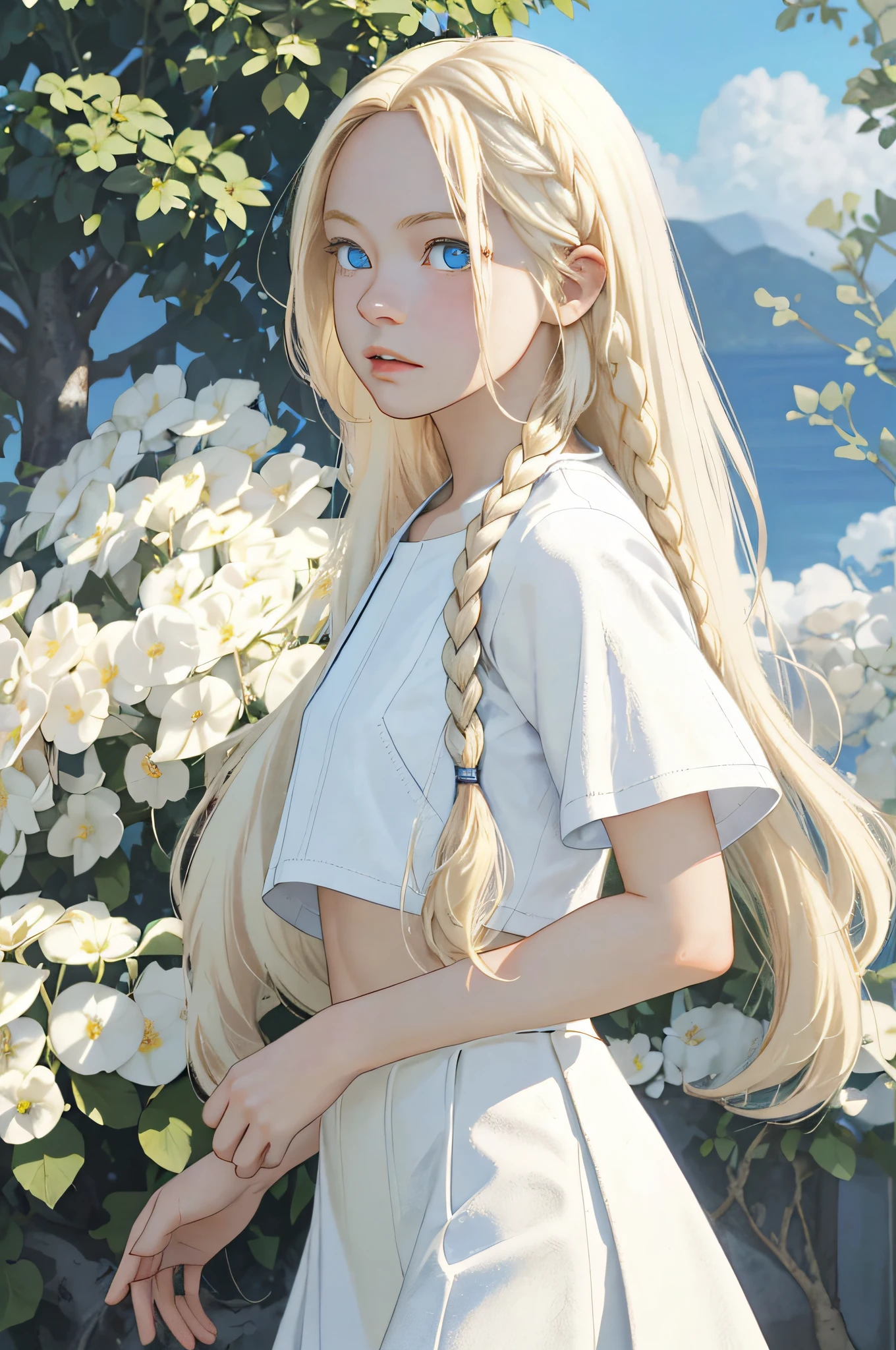 (masterpiece, best quality), ultra high resolution, depth of field, 1 pretty anime girl, 12 years old, finely detailed, high details, high quality shadow, beautifully detailed, (bokeh: 1.5), solo, flower, outdoor, day, sky, cloud, sunlight, white shirt with short sleeves, very short denim skirt, cropped, full body, whole body in the middle of the picture, from the side, blue sky, (highly detailed skin, skin details), look viewer, long blonde hair, artfully braided hair, parted lips, petite breasts, flat stomach, long hair (platinum blonde hair:1.5), ((blue eyes)), Art by Makoto Shinkai, Anime Moe Artstyle, Digital Art on Pixiv, Azur Lane Style
